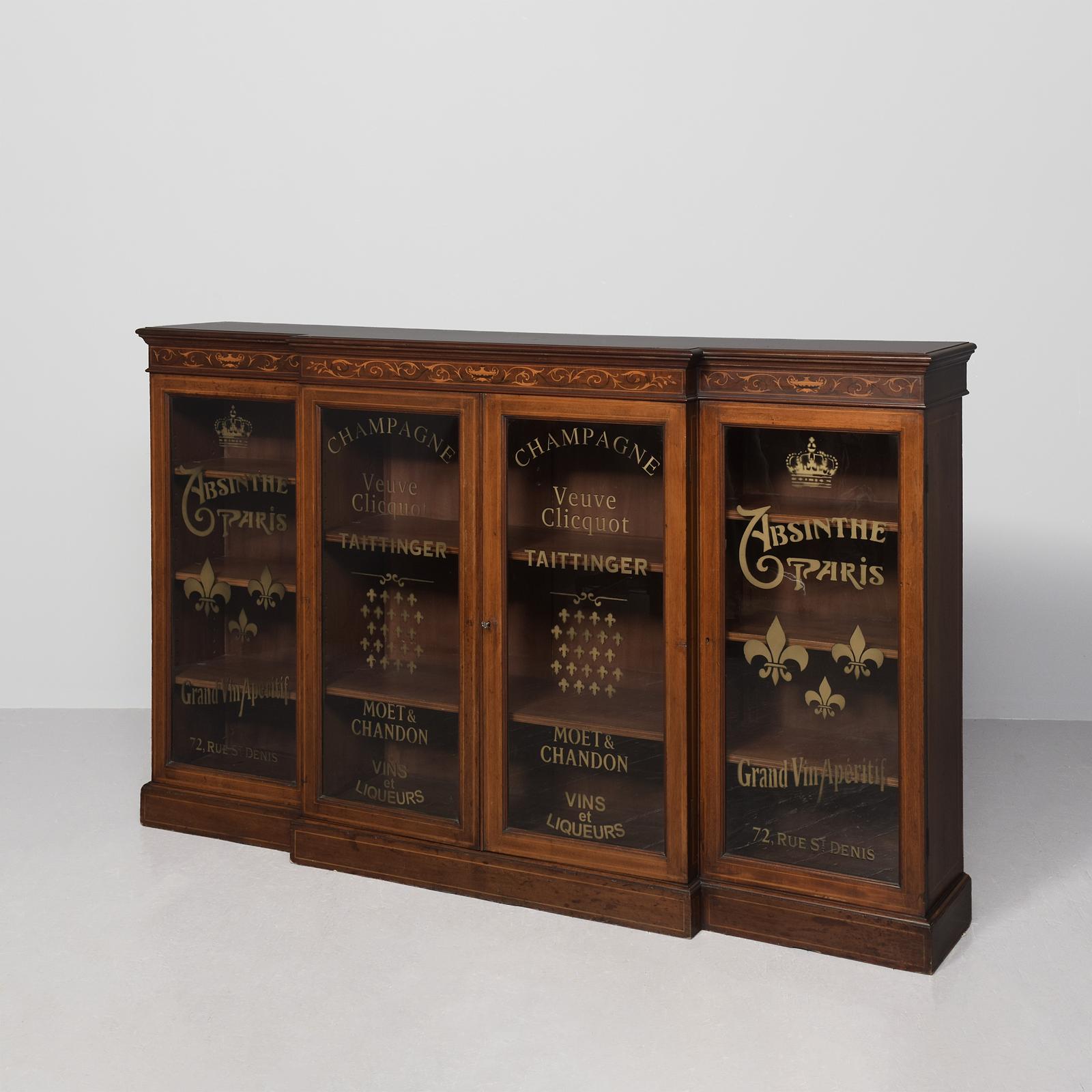 Late Victorian Inlaid Mahogany Sheraton-style 4 Door Breakfront Bookcase with Gilded Champagne Labels on the Glazed Doors (1 of 10) Late Victorian Inlaid Mahogany Sheraton-style 4 Door Breakfront Bookcase with Gilded Champagne Labels on the Glazed Doors (1 of 10)