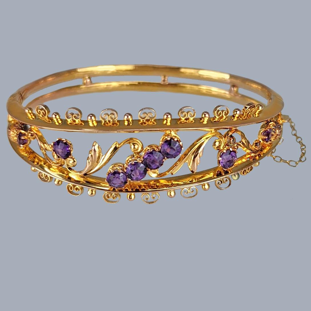 Antique 9ct Gold Amethyst Bangle – Victorian Floral Bracelet - Maker D&C c.1890 (1 of 7)