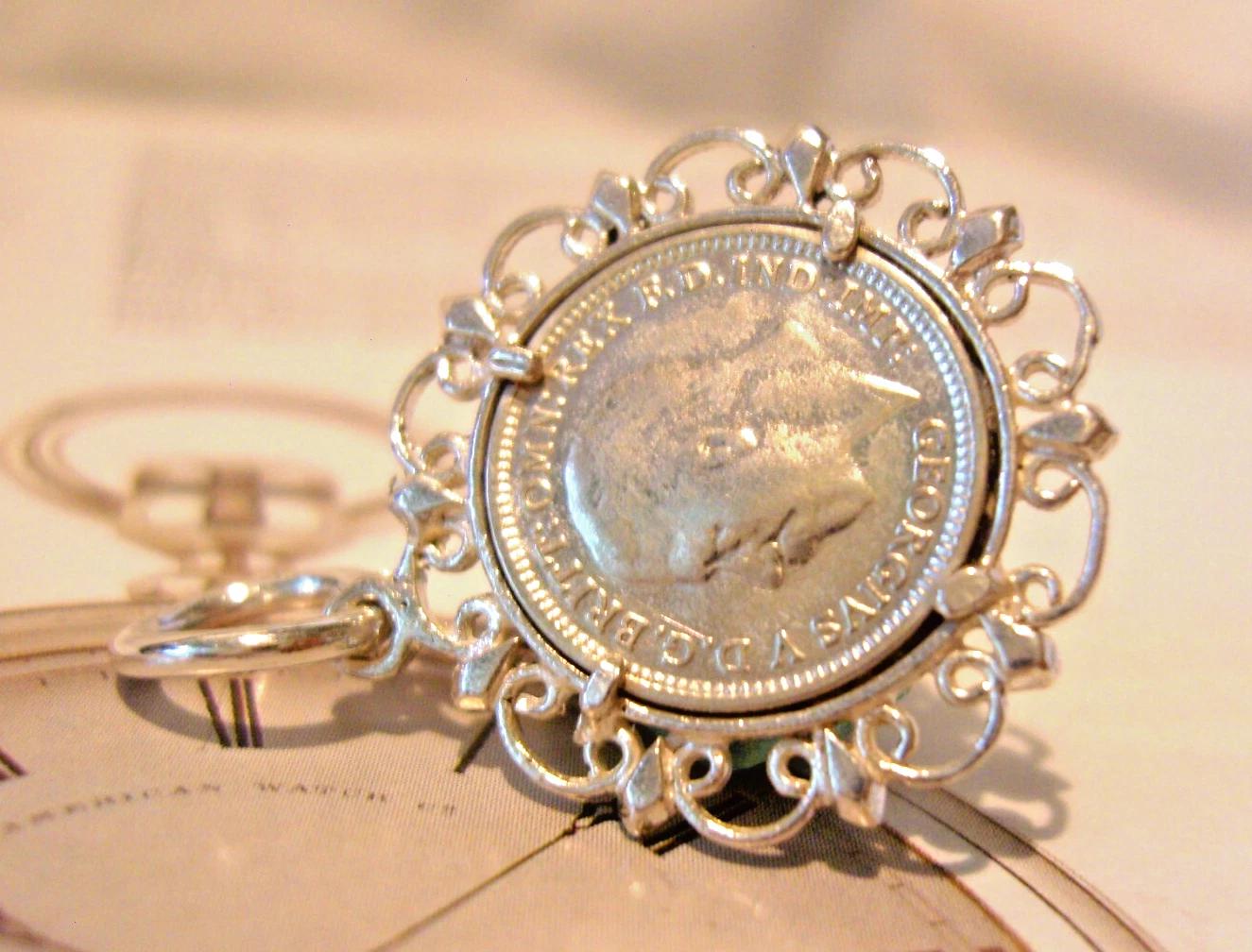 Pocket Watch Chain Fob Silver Threepence Coin 1934 Fancy Silver Plated Mount (1 of 5)