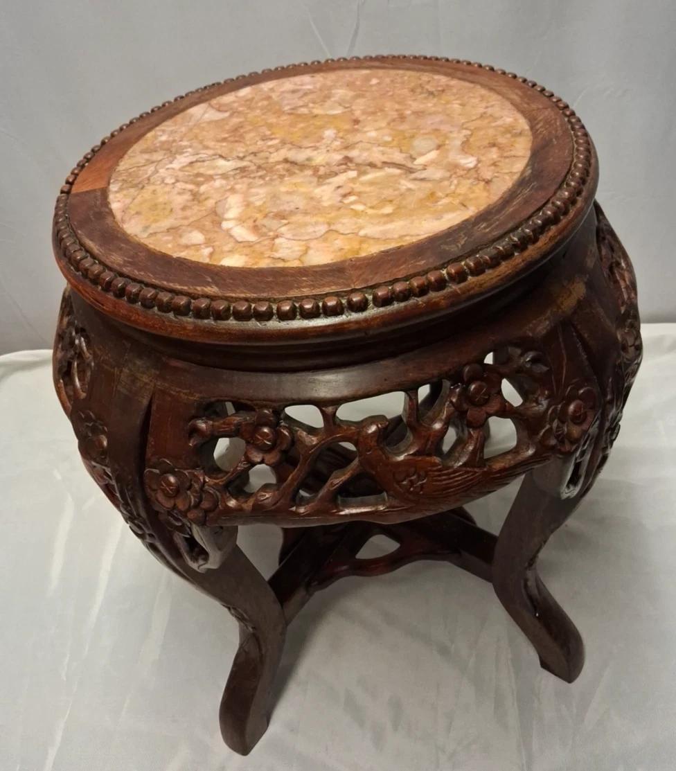 Antique Chinese Hardwood Jardiniere Lamp Table Marble Top with Bird Carvings (1 of 7)