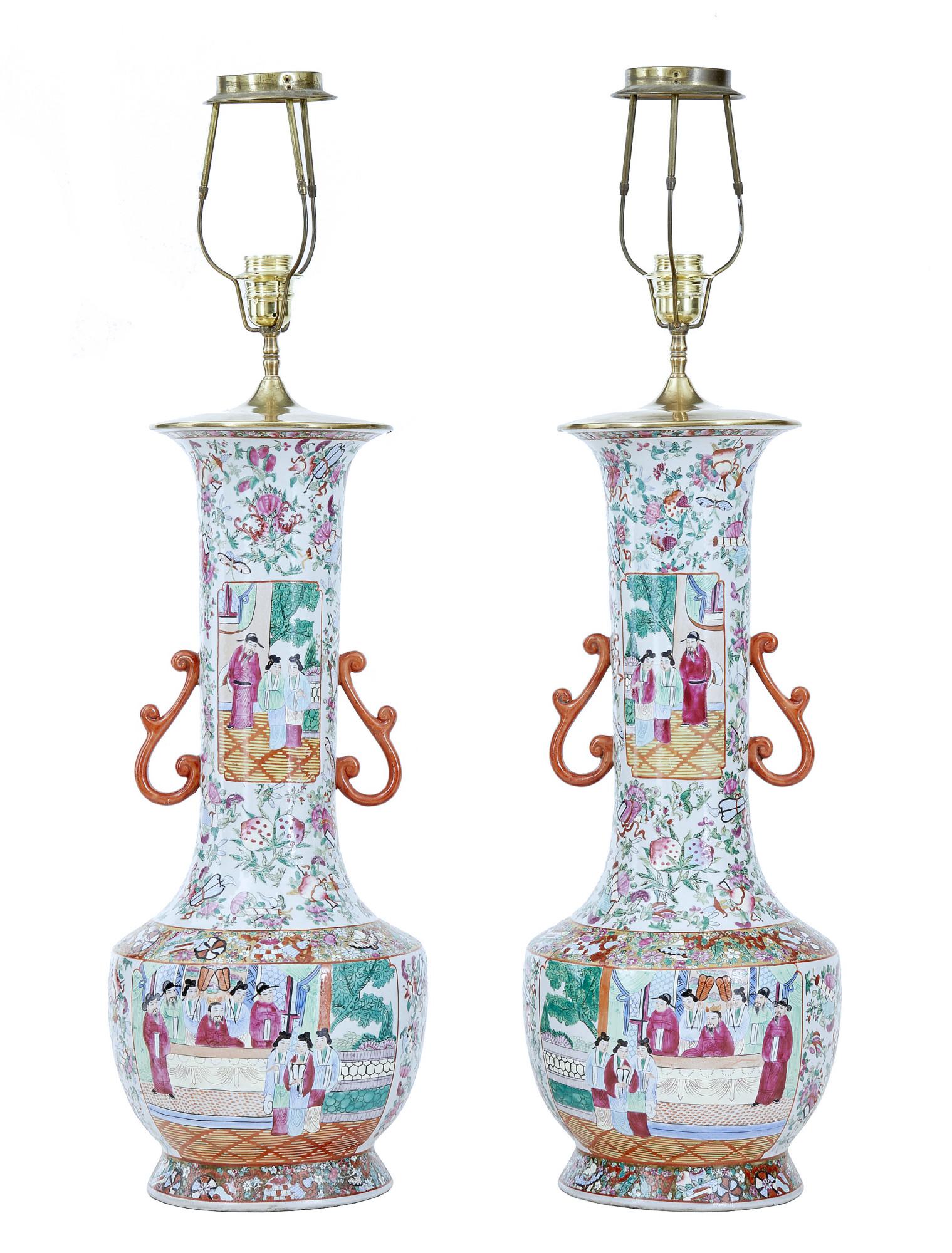 Pair of Early 20th Large Chinese Cantonese Vase Lamps (1 of 11)