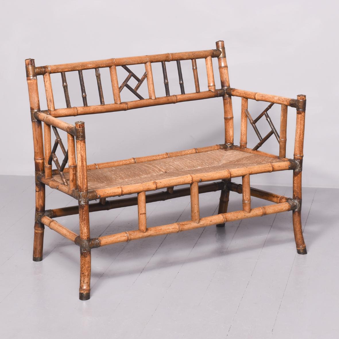 Rare Late Victorian Brass Capped & Bound Bamboo, Faux-Bamboo & Rattan Settee (1 of 11)