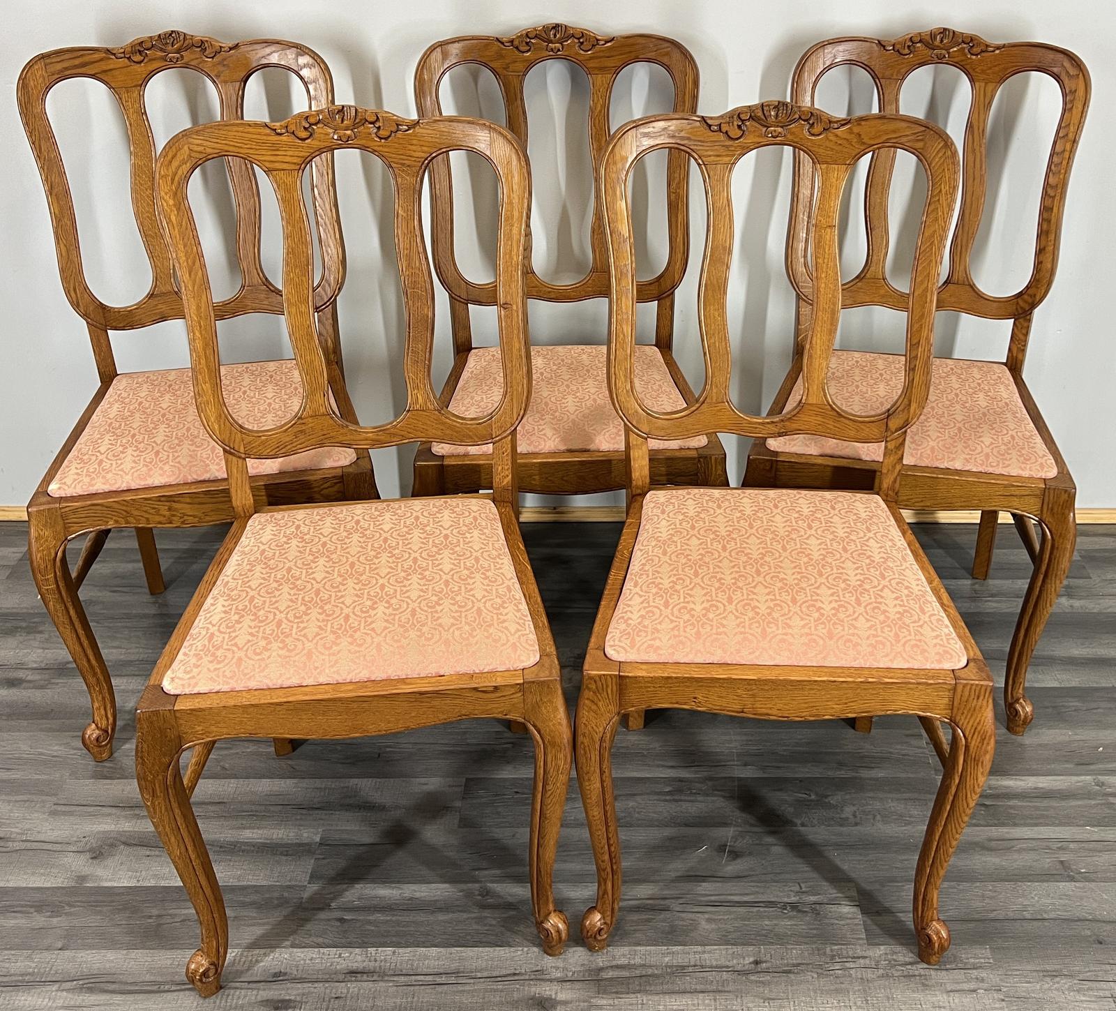 Chairs Vintage French Louis XVI Style Oak Upholstered Set of 5 Carved (1 of 14)