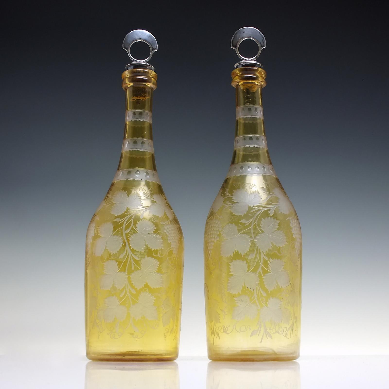 Pair of 19th Century Engraved Amber Glass Serving Bottles or Decanters c.1860 (1 of 7)