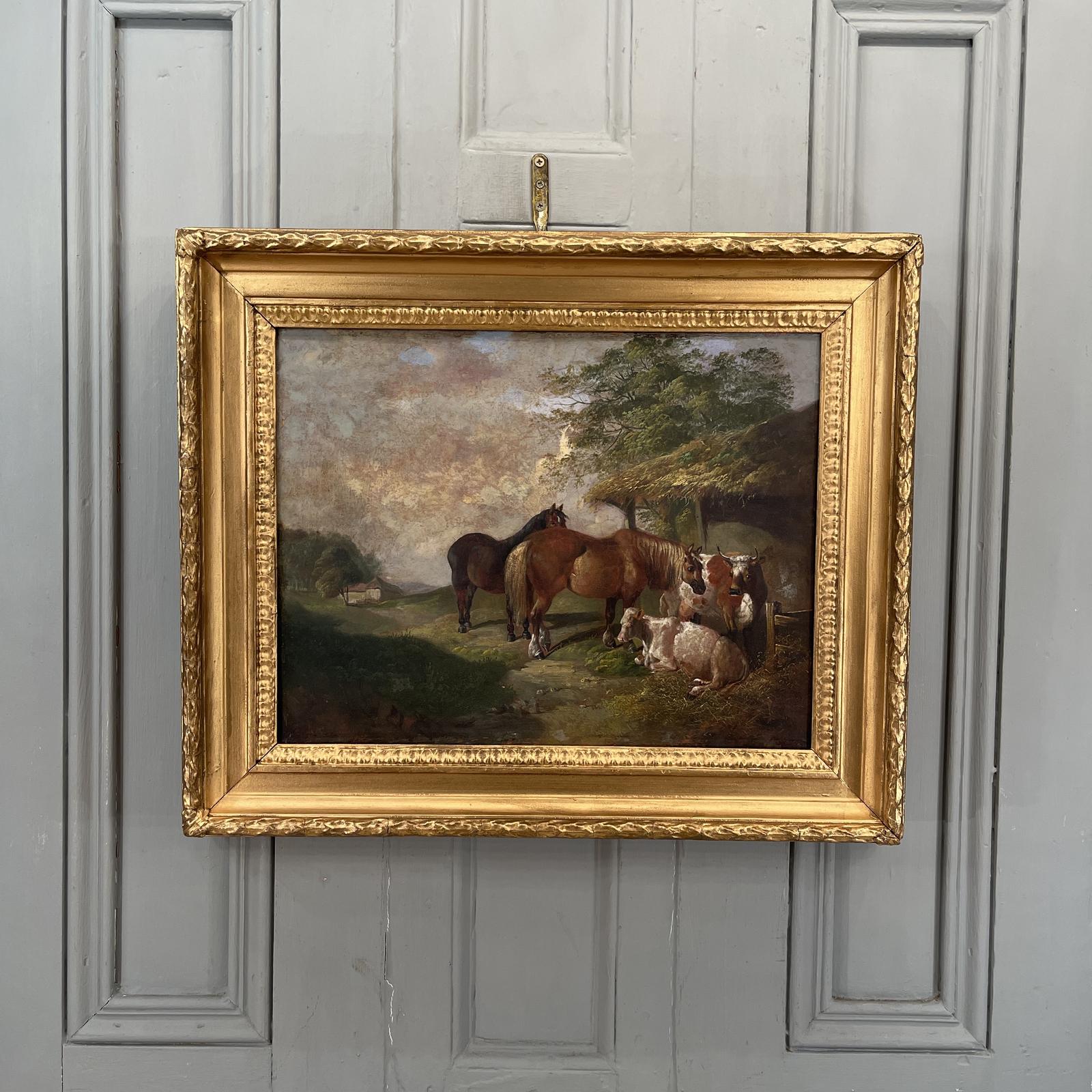 Antique Georgian Early Victorian Oil Painting of Horses & Cows (1 of 10)