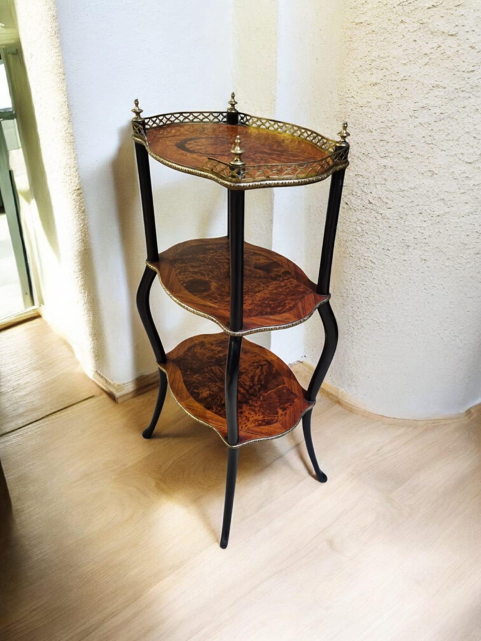 Vintage Three Tier Occasional Stand / Burr Veneer / Brass Gallery / c.1950 (1 of 9) Vintage Three Tier Occasional Stand / Burr Veneer / Brass Gallery / c.1950 (1 of 9)