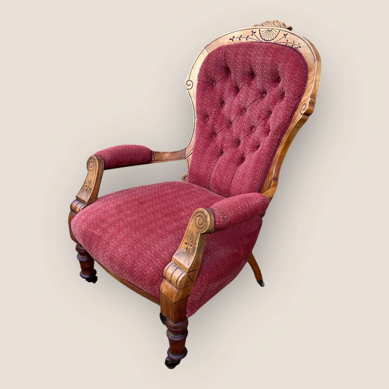 Antique Victorian Satin Burch Red Button Back Armchair with Turned Legs (1 of 12)