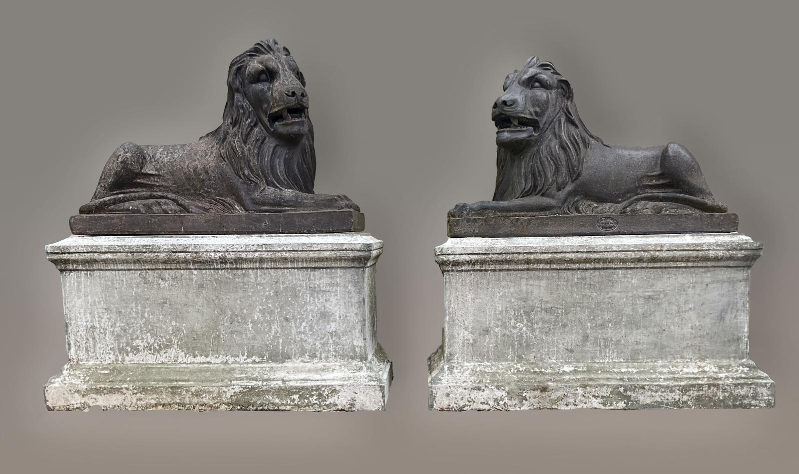 Pair of Hurlford Kilmarnock Large Salt Glazed Pottery Garden Lions on Bases Lions c.1850 (1 of 7)