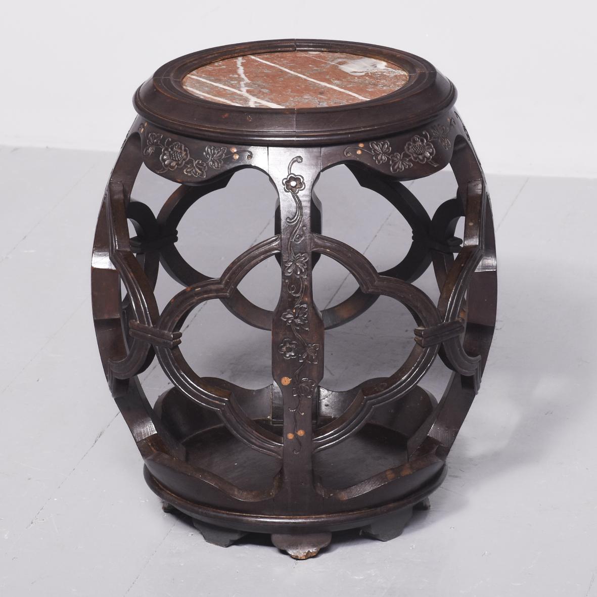Unusual Qing Period, Chinese Hardwood Pierced-barrel Marble Top Plantstand (1 of 5) Unusual Qing Period, Chinese Hardwood Pierced-barrel Marble Top Plantstand (1 of 5)