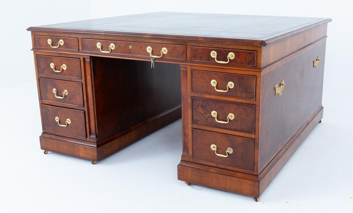 Impressive Georgian Style Burr Walnut 18 Drawer Partners Desk (1 of 10)