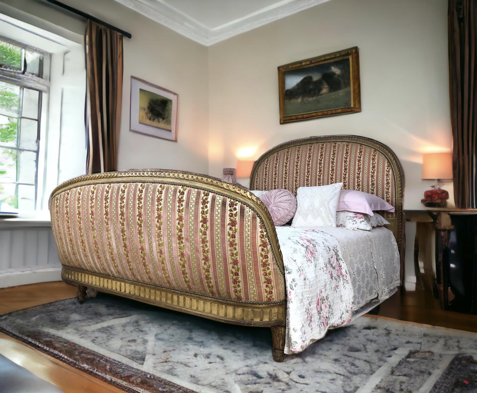 Antique French Capitonnée Upholstered Double Bed Frame (1 of 19)