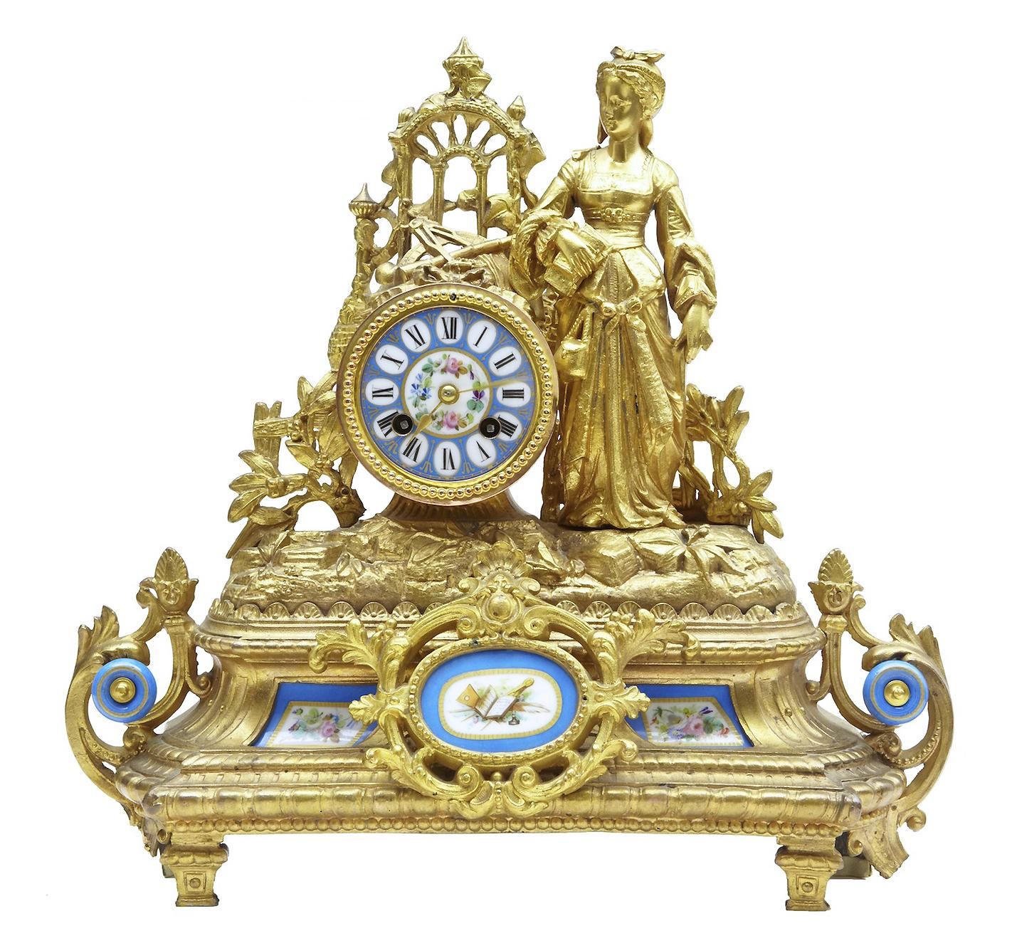 19th Century French Gilt Mantle Clock With Sevres Plaques (1 of 10)