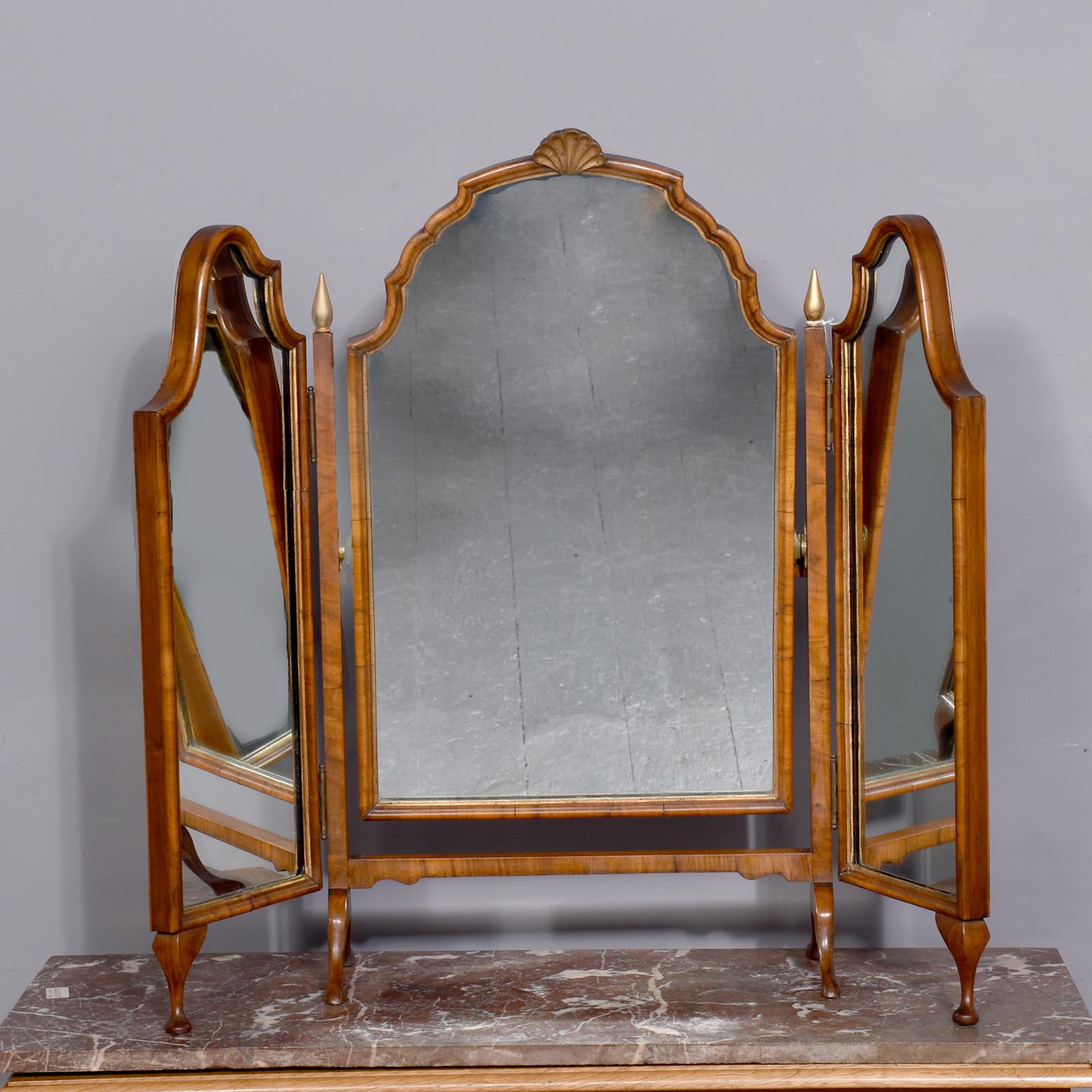 Early Georgian-style Figured Walnut & Gilded Triptych Dressing Mirror (1 of 10)