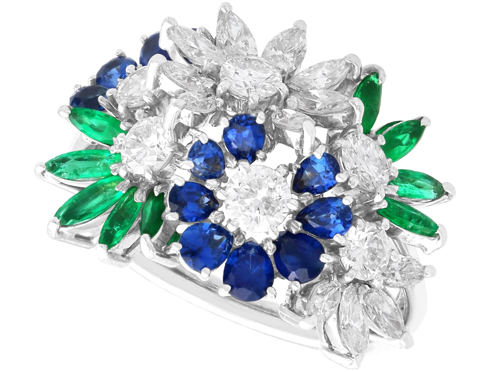 Vintage 0.92ct Sapphire, 0.68ct Emerald & 1.50ct Diamond, 18ct White Gold Floral Ring c.1980 (1 of 12) Vintage 0.92ct Sapphire, 0.68ct Emerald & 1.50ct Diamond, 18ct White Gold Floral Ring c.1980 (1 of 12)