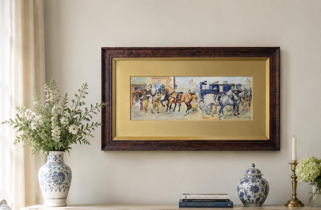 Original Coach & Horses Watercolour Painting Antique c.1913 Signed, Oak Framed (1 of 13) Original Coach & Horses Watercolour Painting Antique c.1913 Signed, Oak Framed (1 of 13)
