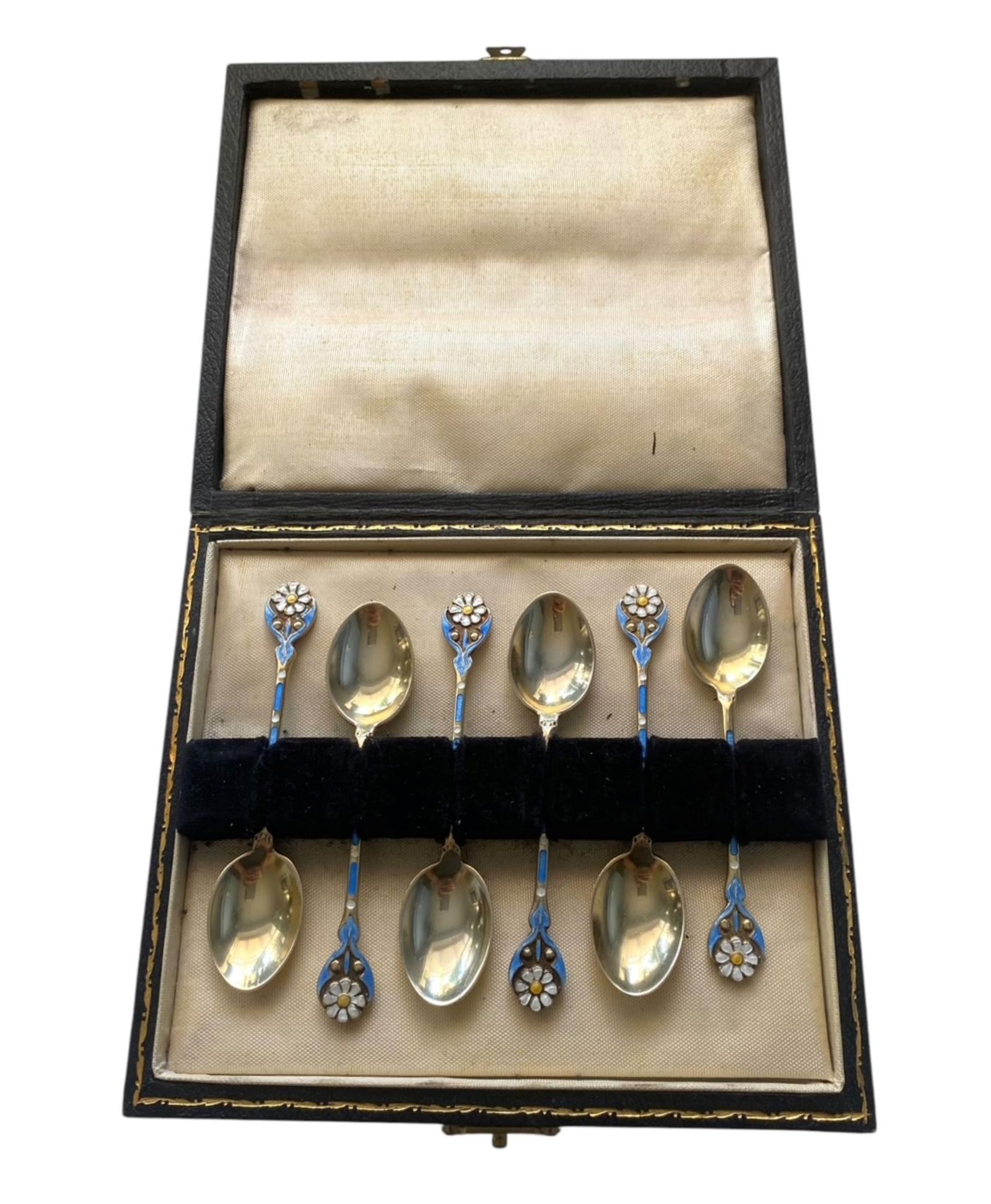 Vintage Cased Set of Spoons Guilloche Enamel Silver Gilt Demi Tasse Daisy Spoons Birmingham 1947 (1 of 9) Vintage Cased Set of Spoons Guilloche Enamel Silver Gilt Demi Tasse Daisy Spoons Birmingham 1947 (1 of 9)