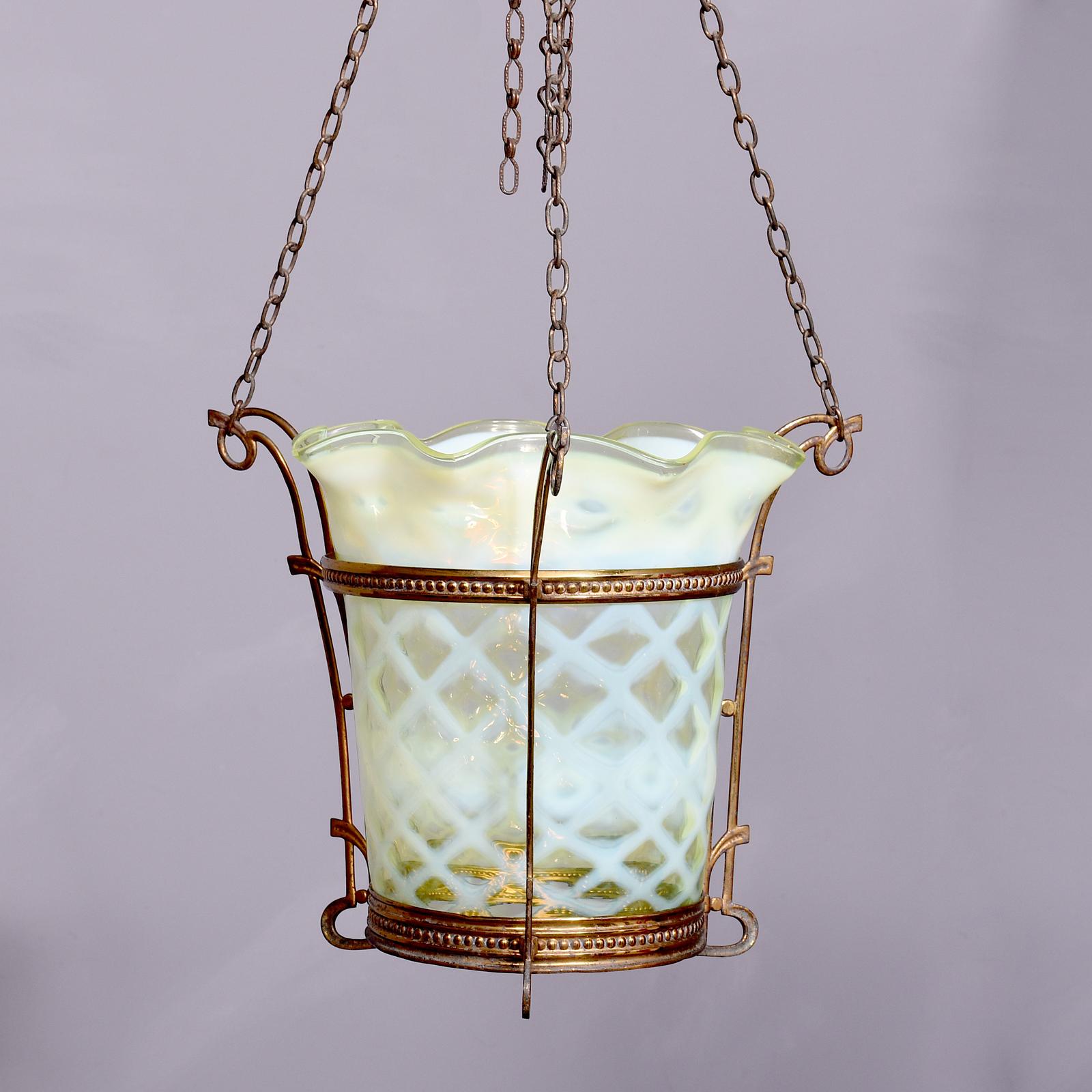 Rare Art Nouveau Vaseline Glass & Brass Circular Ceiling Light Fitting (1 of 4) Rare Art Nouveau Vaseline Glass & Brass Circular Ceiling Light Fitting (1 of 4)