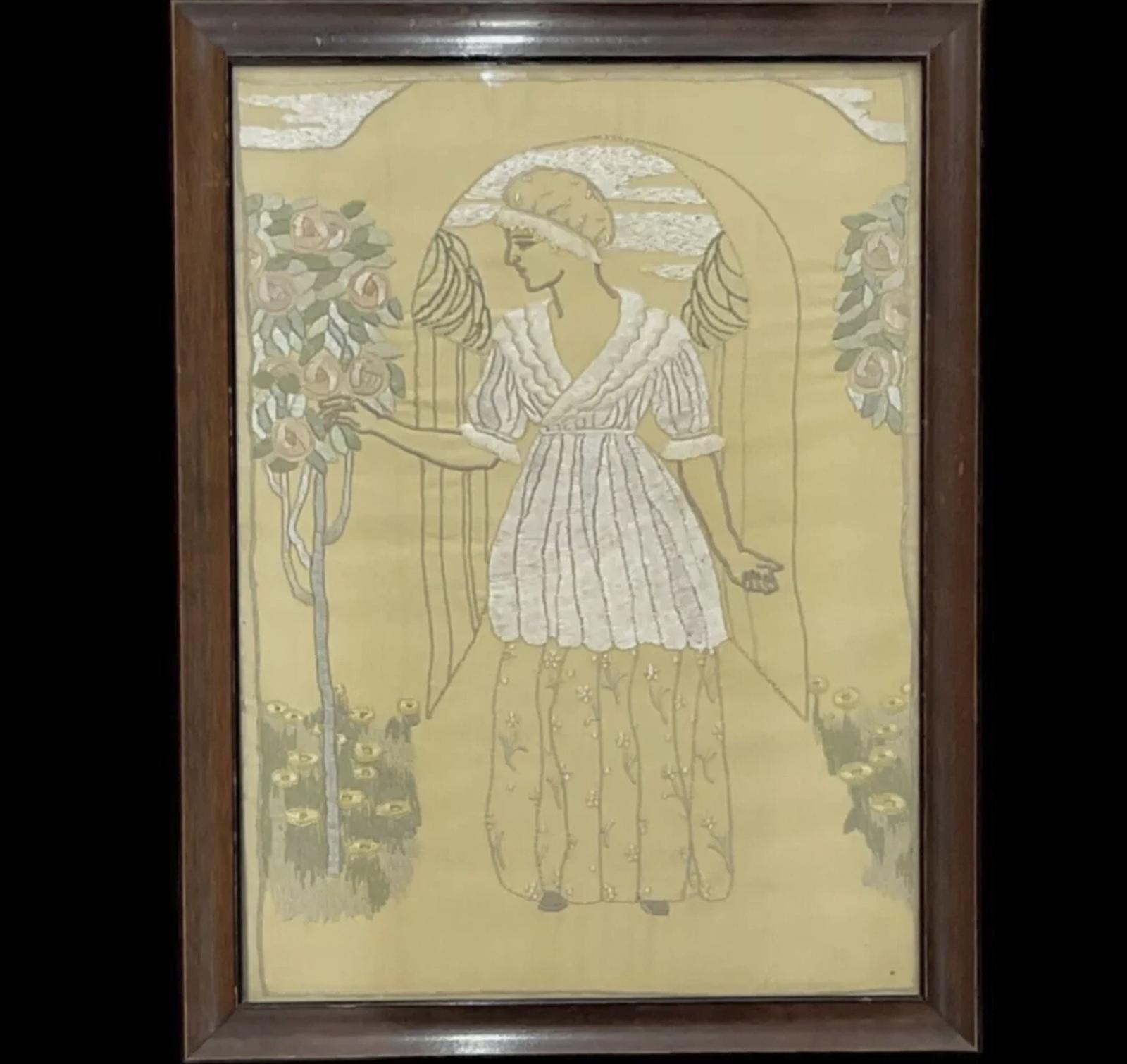 Arts & Crafts Glasgow / Scottish School Embroidered Silkwork Panel of Lady Antique c.1920 (1 of 7) Arts & Crafts Glasgow / Scottish School Embroidered Silkwork Panel of Lady Antique c.1920 (1 of 7)