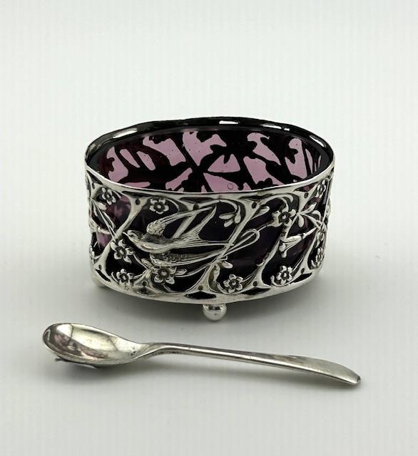 Rare Edwardian Silver & Amethyst Glass Salt Tub & Spoon (1 of 8) Rare Edwardian Silver & Amethyst Glass Salt Tub & Spoon (1 of 8)