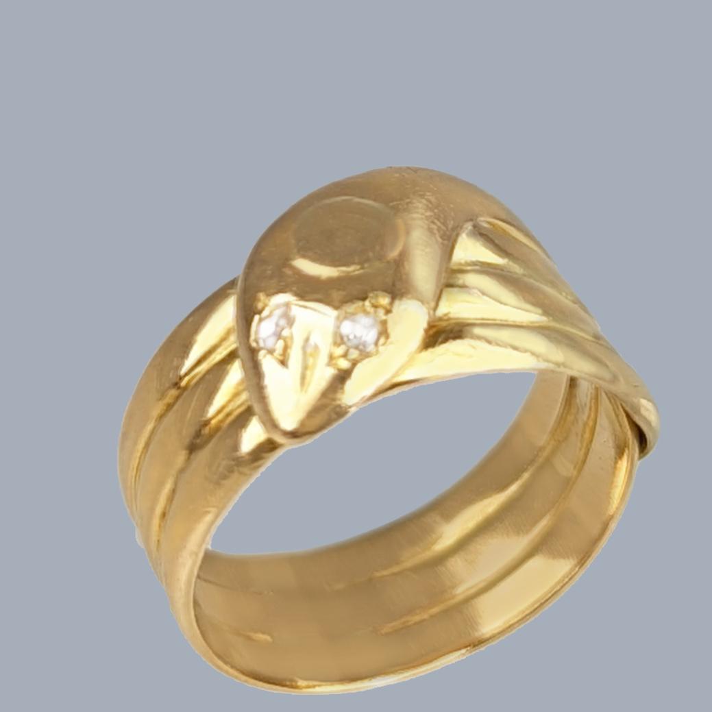 Antique 18ct Gold Snake Ring – Edwardian Serpent with Diamond Eyes, Hallmarked Chester 1914 (1 of 5)