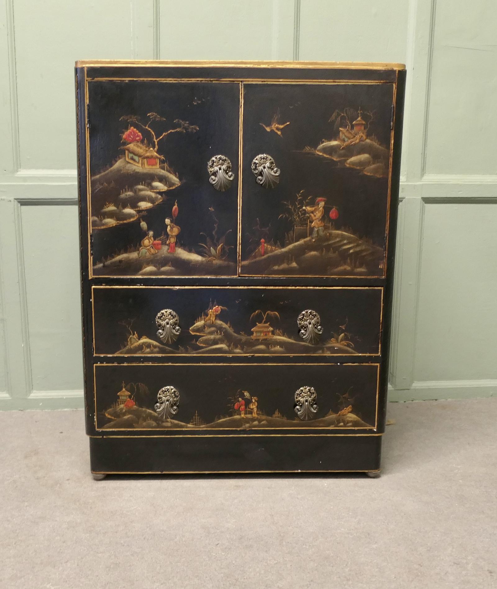 Colourful Early 20th Century Black Chinoiserie Lacquer Cupboard (1 of 7) Colourful Early 20th Century Black Chinoiserie Lacquer Cupboard (1 of 7)
