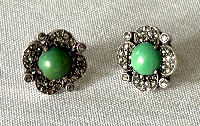 Art Nouveau Pair of Silver, Green Turquoise & Marcasite Earrings (1 of 5) Art Nouveau Pair of Silver, Green Turquoise & Marcasite Earrings (1 of 5)