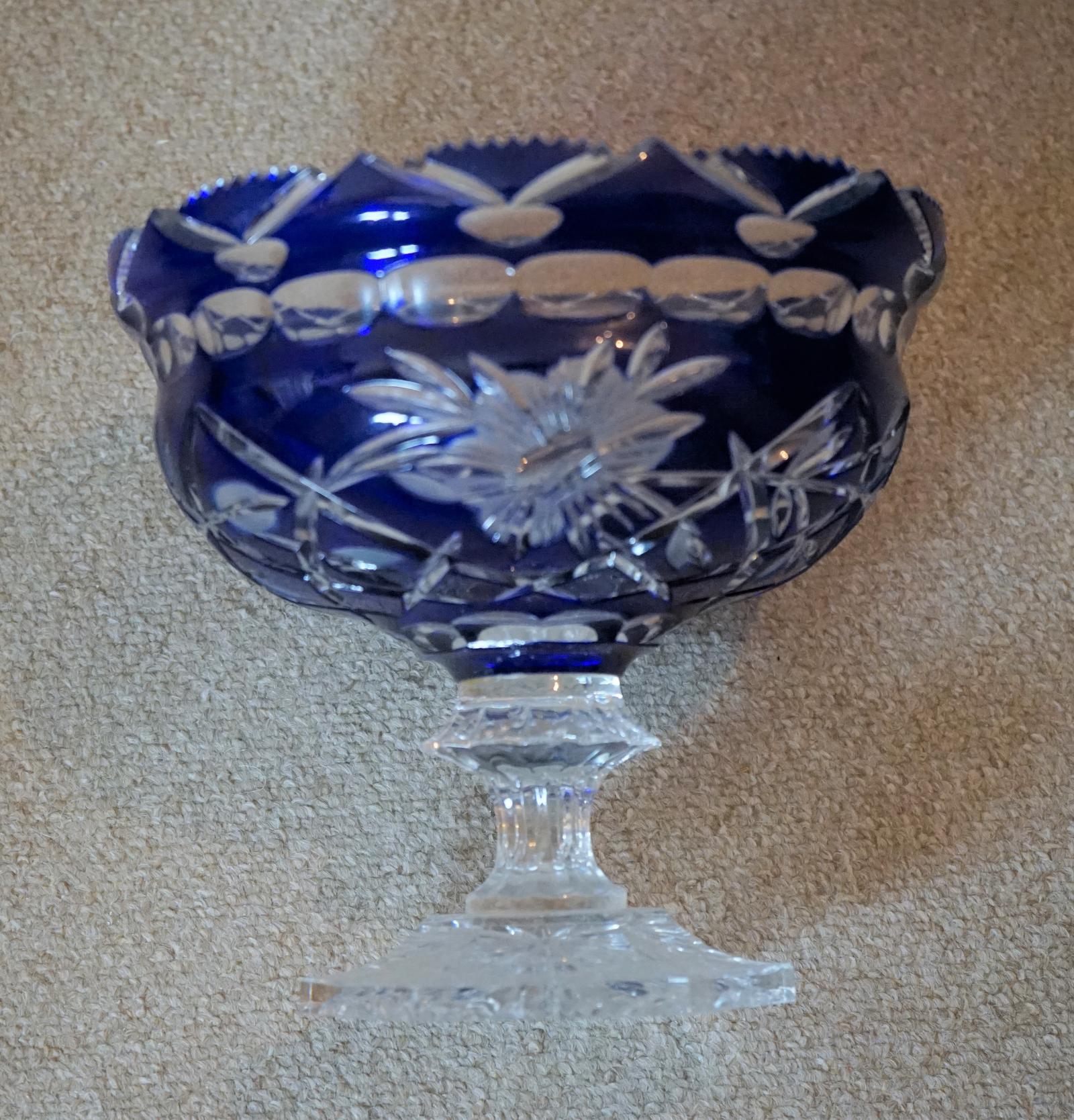 Large Bohemian Cobalt Blue Cut & Etched Clear Glass Punch Bowl (1 of 10)