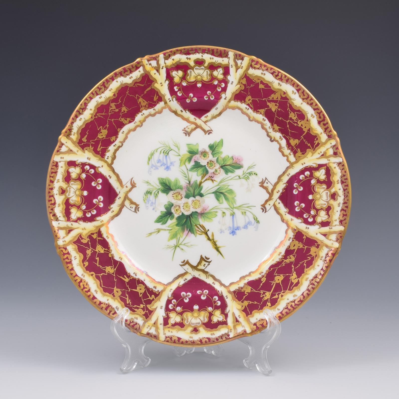 Superb Samuel Alcock Burgundy Ground Porcelain Botanical Dessert Plate 3/1612 c.1835 (1 of 5)