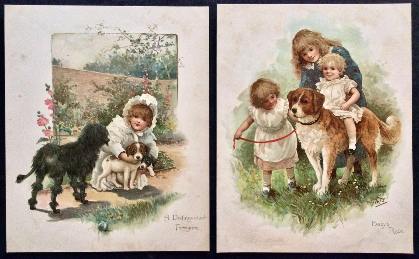 Pair Of Original Victorian Chromolithograph Prints Dogs & Children Coloured (1 of 3)
