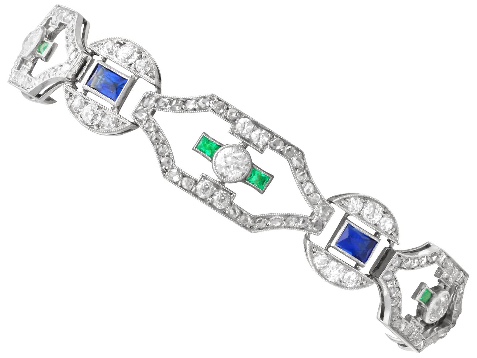 Antique 0.52ct Emerald, 2.00ct Sapphire, 4.46ct Diamond & Platinum Bracelet c.1910 (1 of 23)