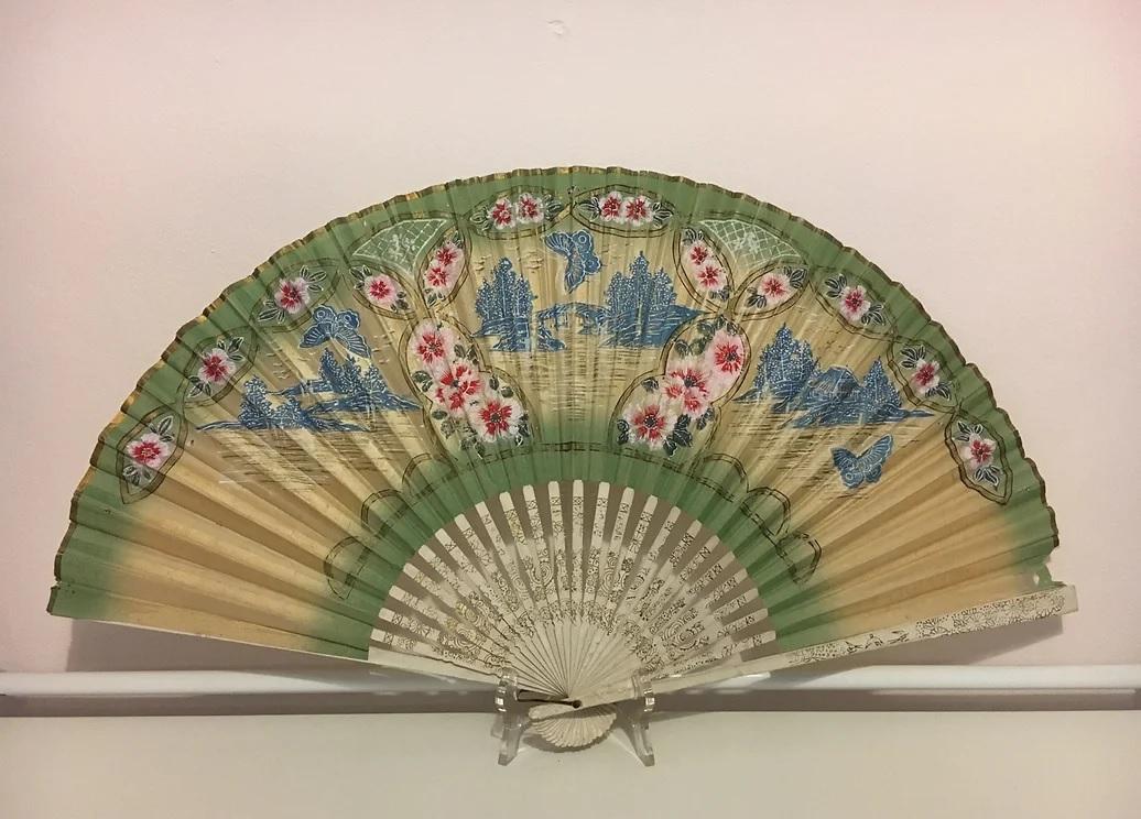 Large 1920s Painted Paper Fan with Decorated Wooden Sticks (1 of 4) Large 1920s Painted Paper Fan with Decorated Wooden Sticks (1 of 4)