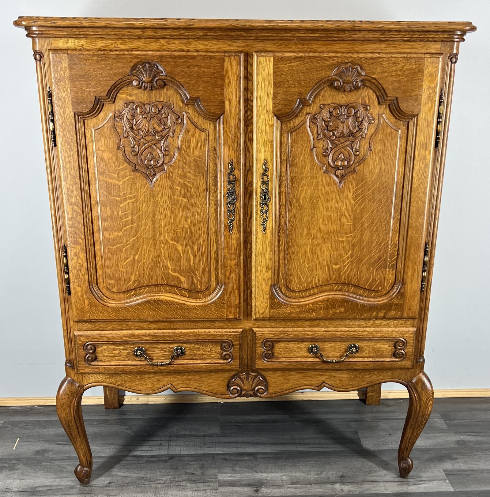 Cabinet Vintage French Oak Carved Cupboard with 2 Drawers (1 of 9)