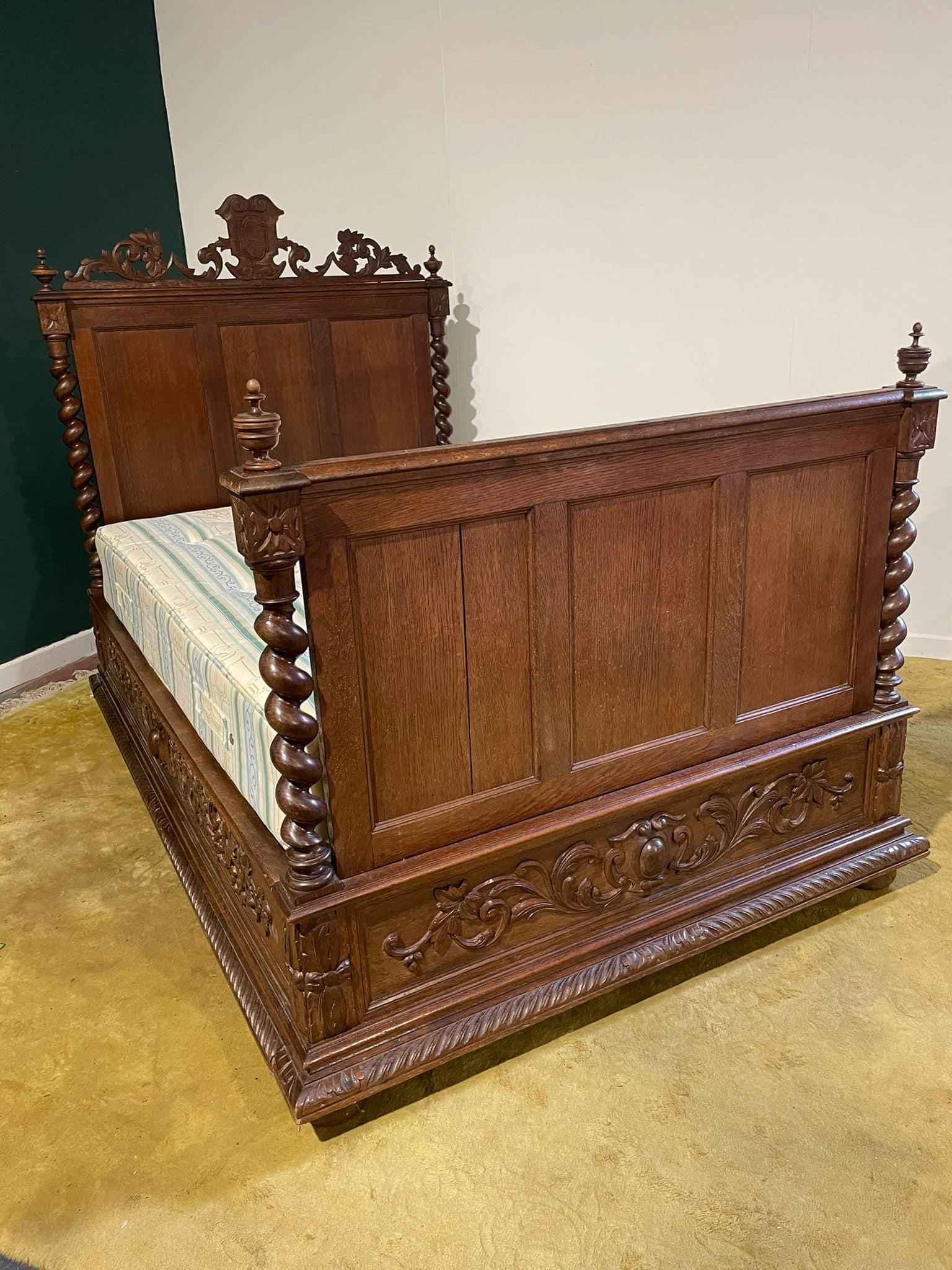 19th Century French Oak Barley Twist & Carved 4ft Ornate Bed (1 of 14)