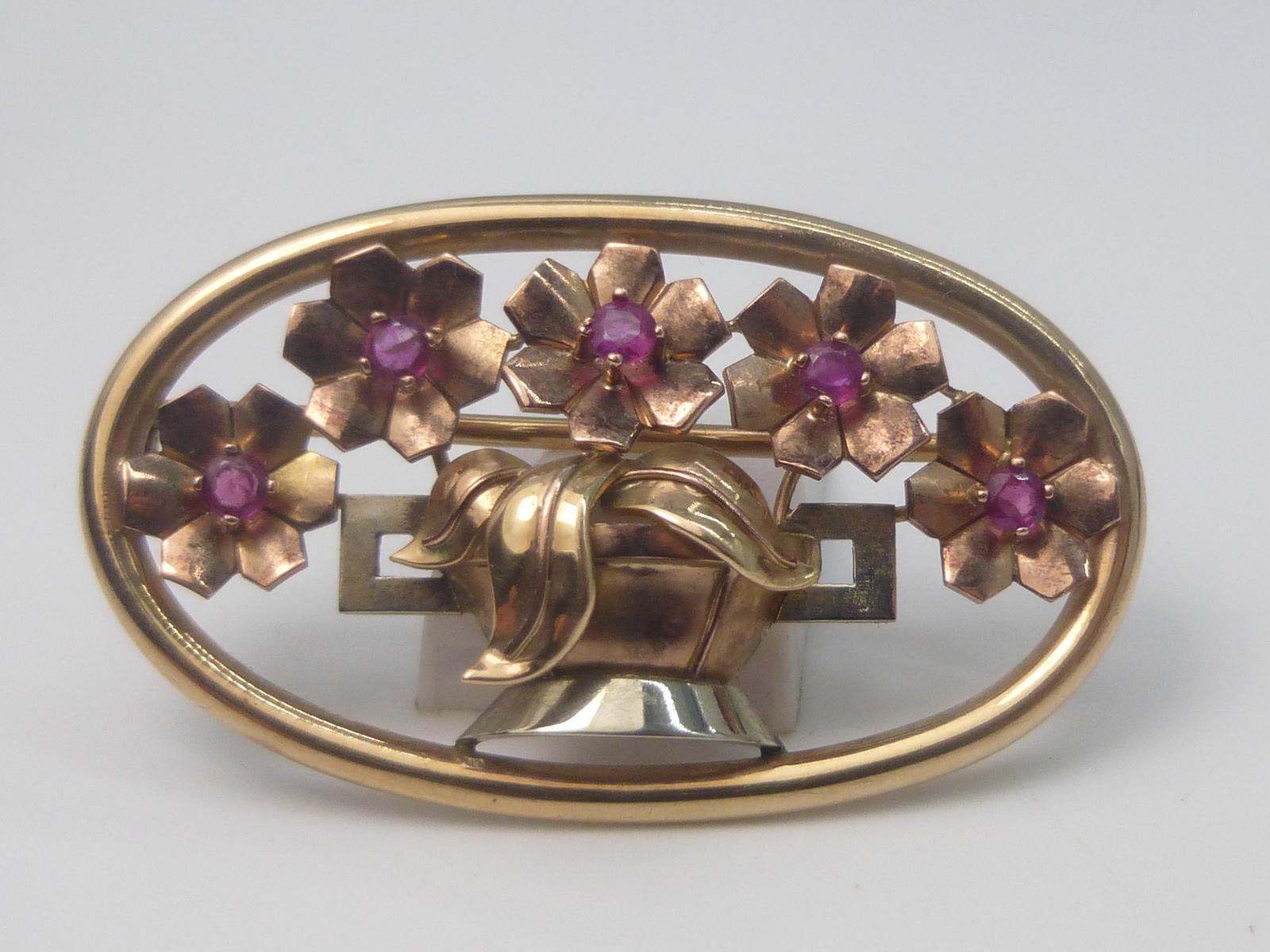 Ruby & Gold Basket of Flowers Brooch (1 of 6)
