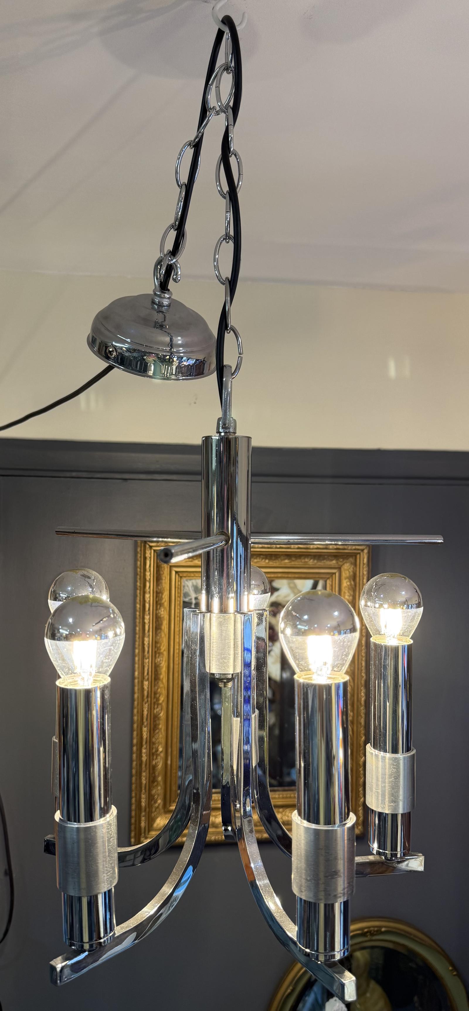 Vintage 1970s Gaetano Sciolari 5-arm Chrome Chandelier (Rewired, PAT Tested & Fixed-height Converted) (1 of 6) Vintage 1970s Gaetano Sciolari 5-arm Chrome Chandelier (Rewired, PAT Tested & Fixed-height Converted) (1 of 6)