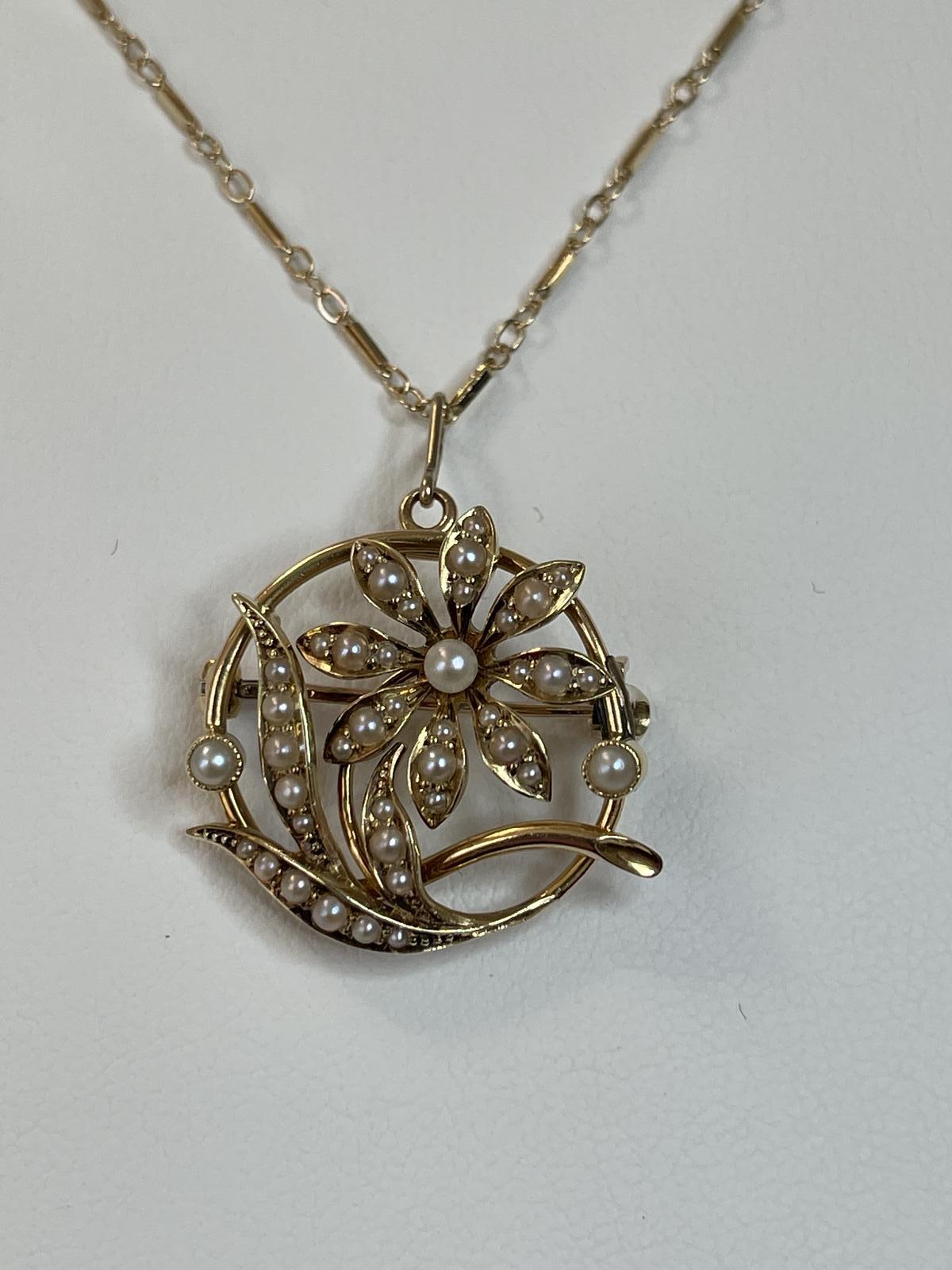 Victorian 15ct Gold Pearl Pendant Necklace Brooch 14ct Chain (1 of 10)