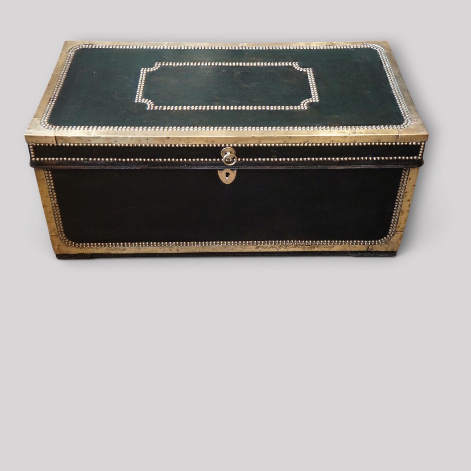 Regency Green Leather Brass‑bound Trunk – Antique Brass‑studded Chest c.1810 (1 of 12) Regency Green Leather Brass‑bound Trunk – Antique Brass‑studded Chest c.1810 (1 of 12)