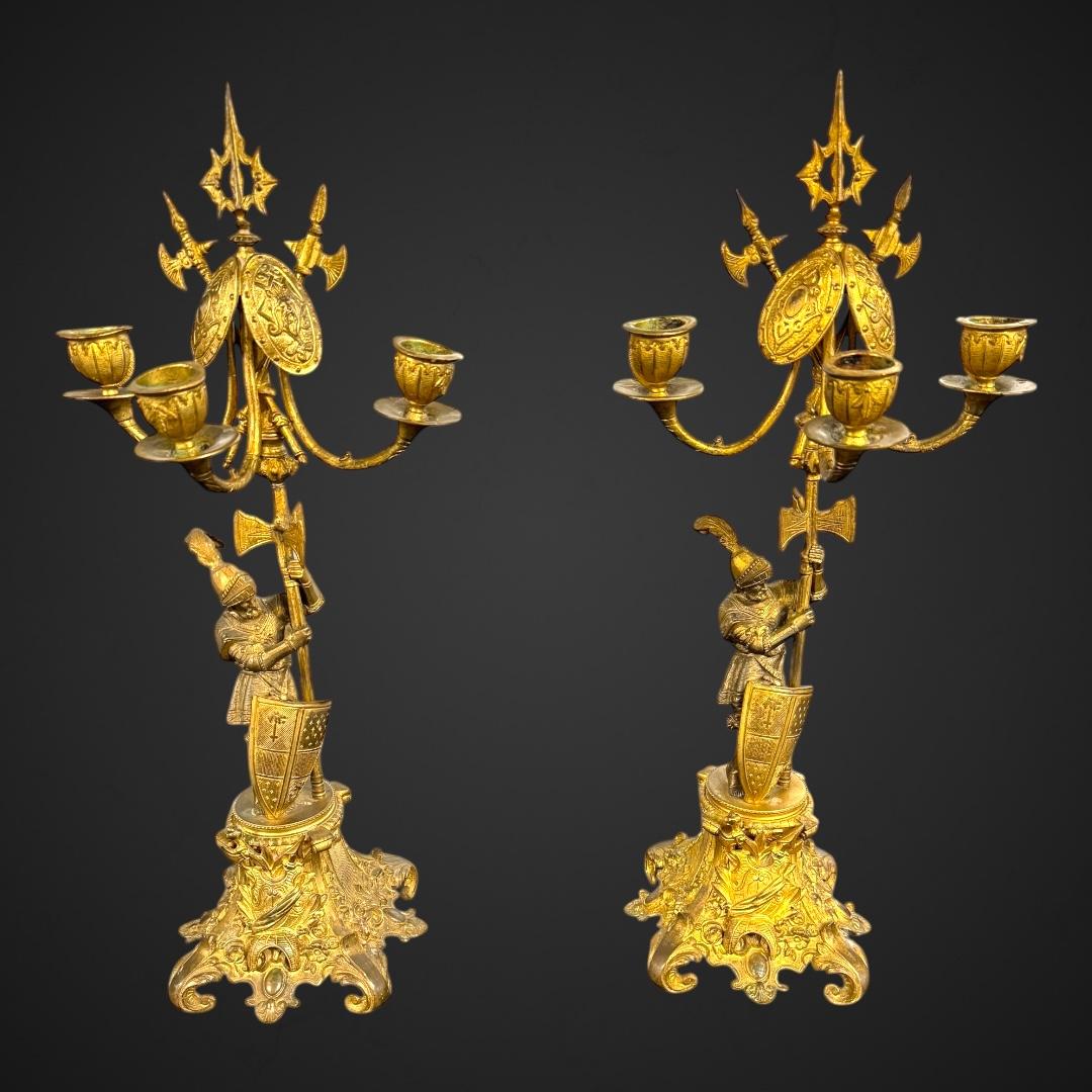 Antique Bronze-Gilt Knight Candelabra Pair, Late 19th Century Film Props (1 of 24)