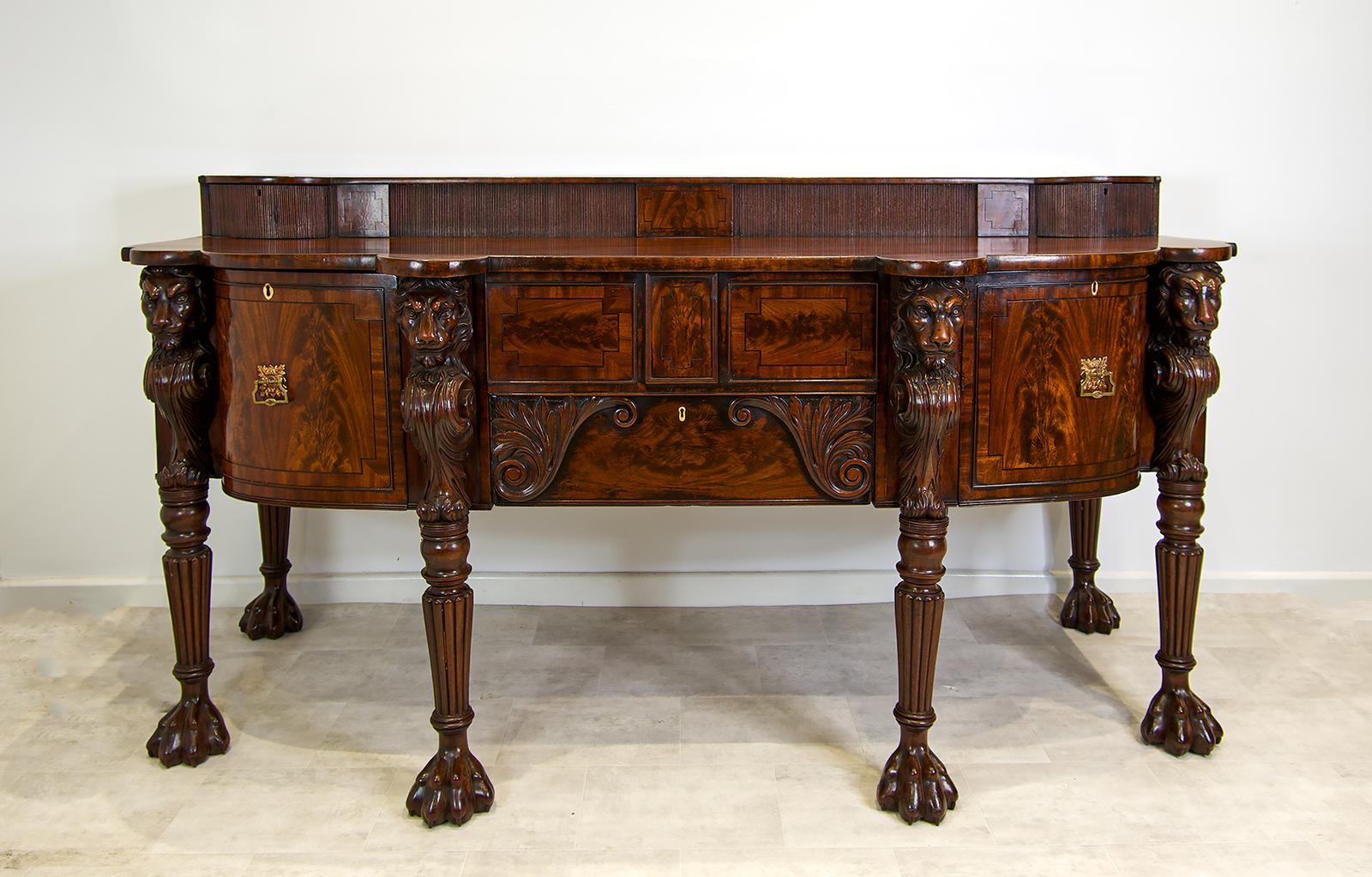 Exceptional Antique Georgian Mahogany Sideboard With Bold Lion Carvings c.1820 (1 of 8)