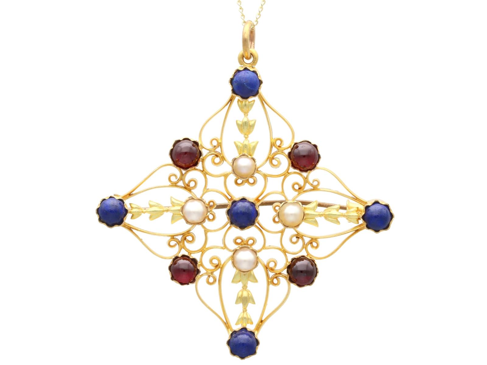 Antique Victorian 3.40ct Garnet 4.00ct Sodalite and Pearl 18k Yellow Gold Pendant/brooch Circa 1870 (1 of 18)