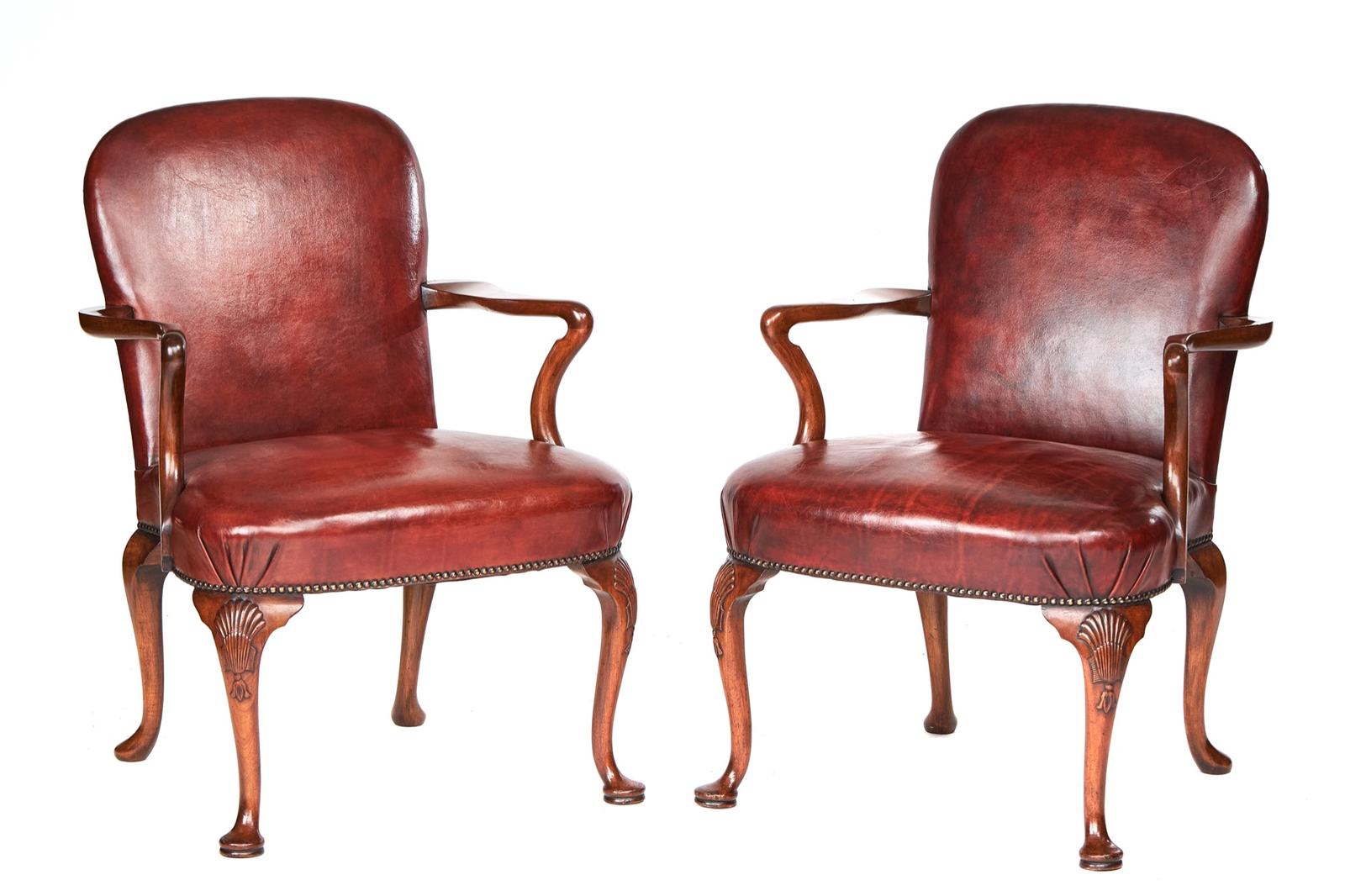 Pair of Georgian Revival Walnut & Leather Open Elbow Chairs c.1920 (1 of 6) Pair of Georgian Revival Walnut & Leather Open Elbow Chairs c.1920 (1 of 6)