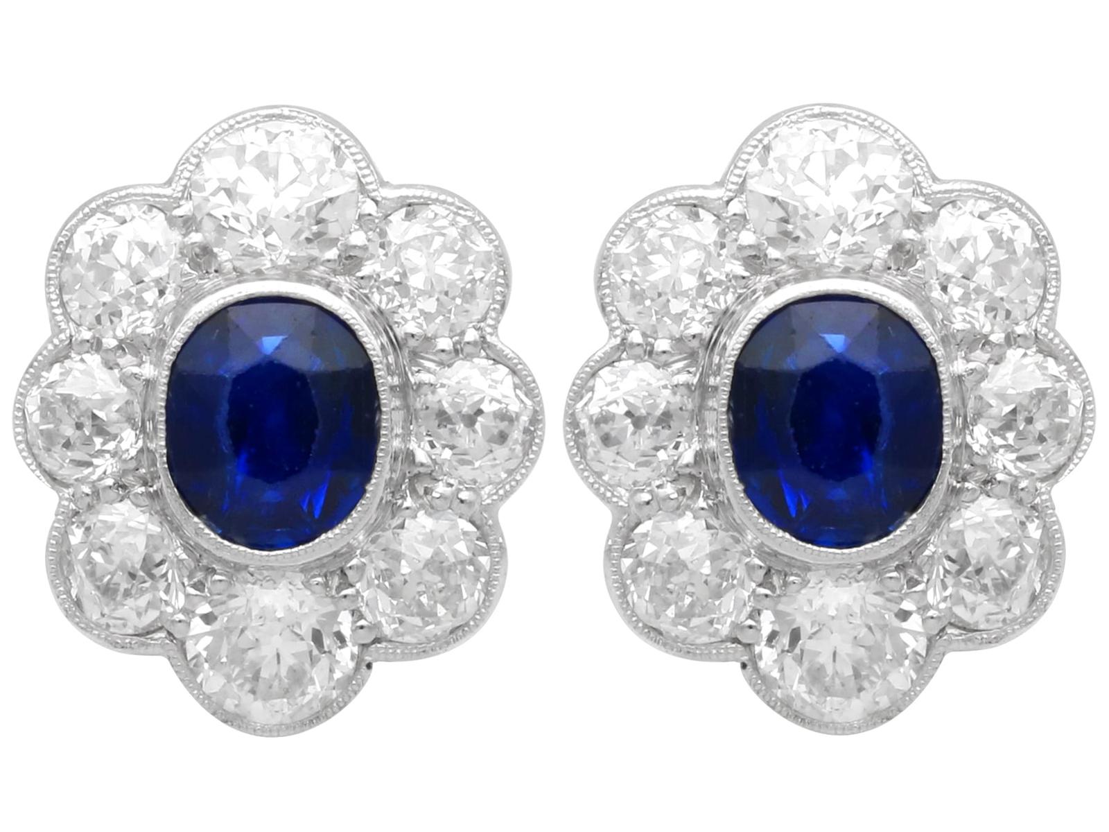 1.30ct Basaltic Sapphire & 2.10ct Diamond, 18k White Gold Cluster Earrings c.1930 (1 of 12)