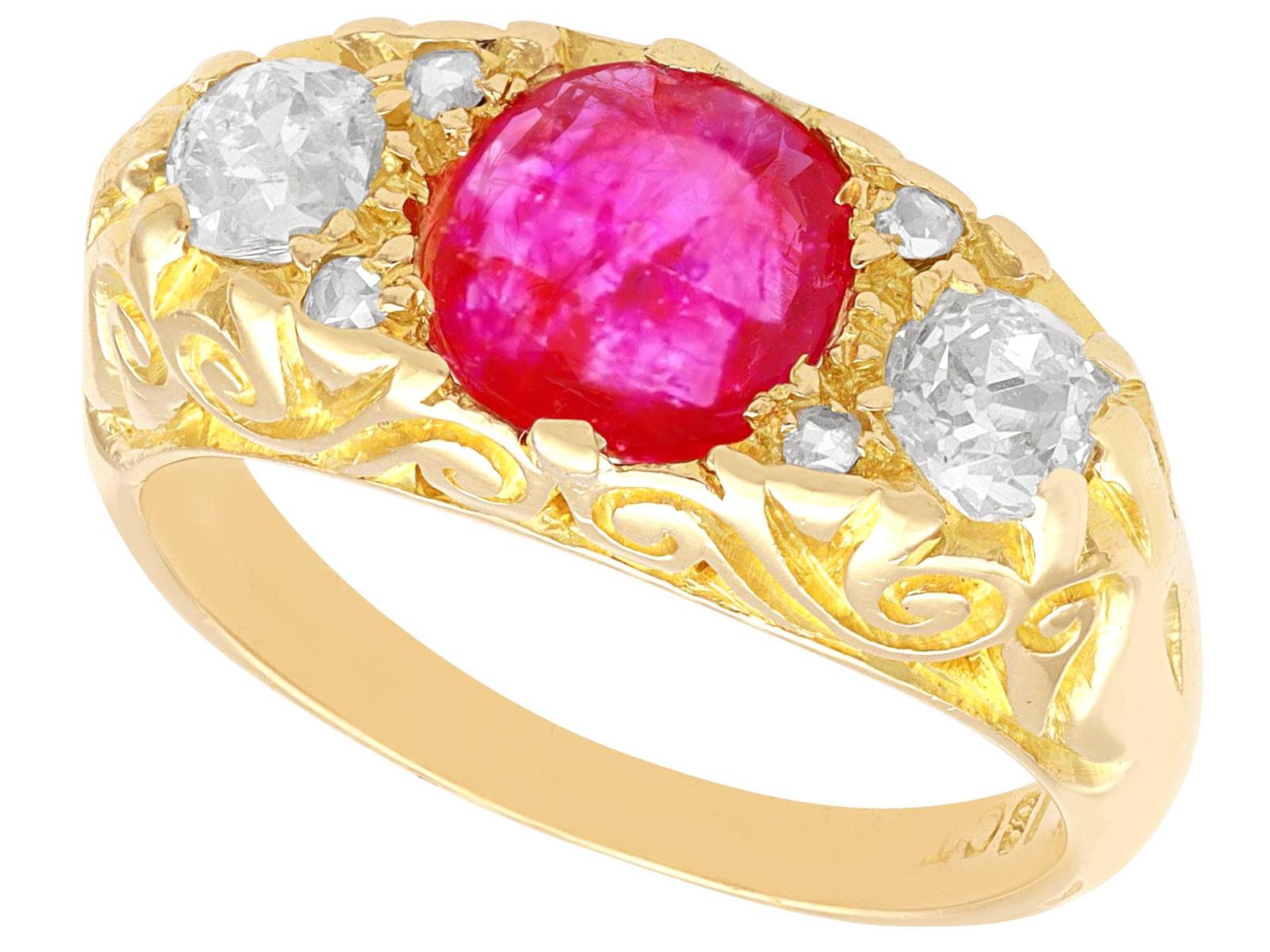 1.15ct Burmese Ruby & 1.36ct Diamond 18ct Yellow Gold Trilogy Ring c.1930 (1 of 9)