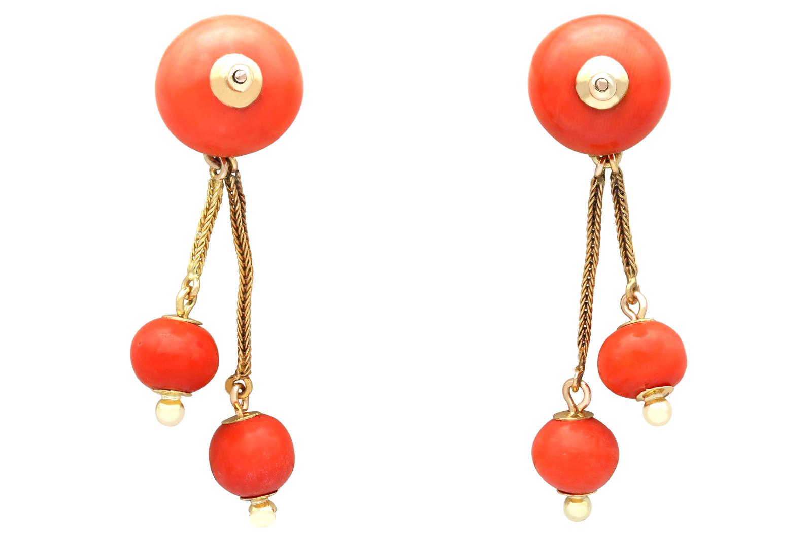 Antique 29ct Coral and 18ct Yellow Gold Drop Earrings Circa 1910 (1 of 9)