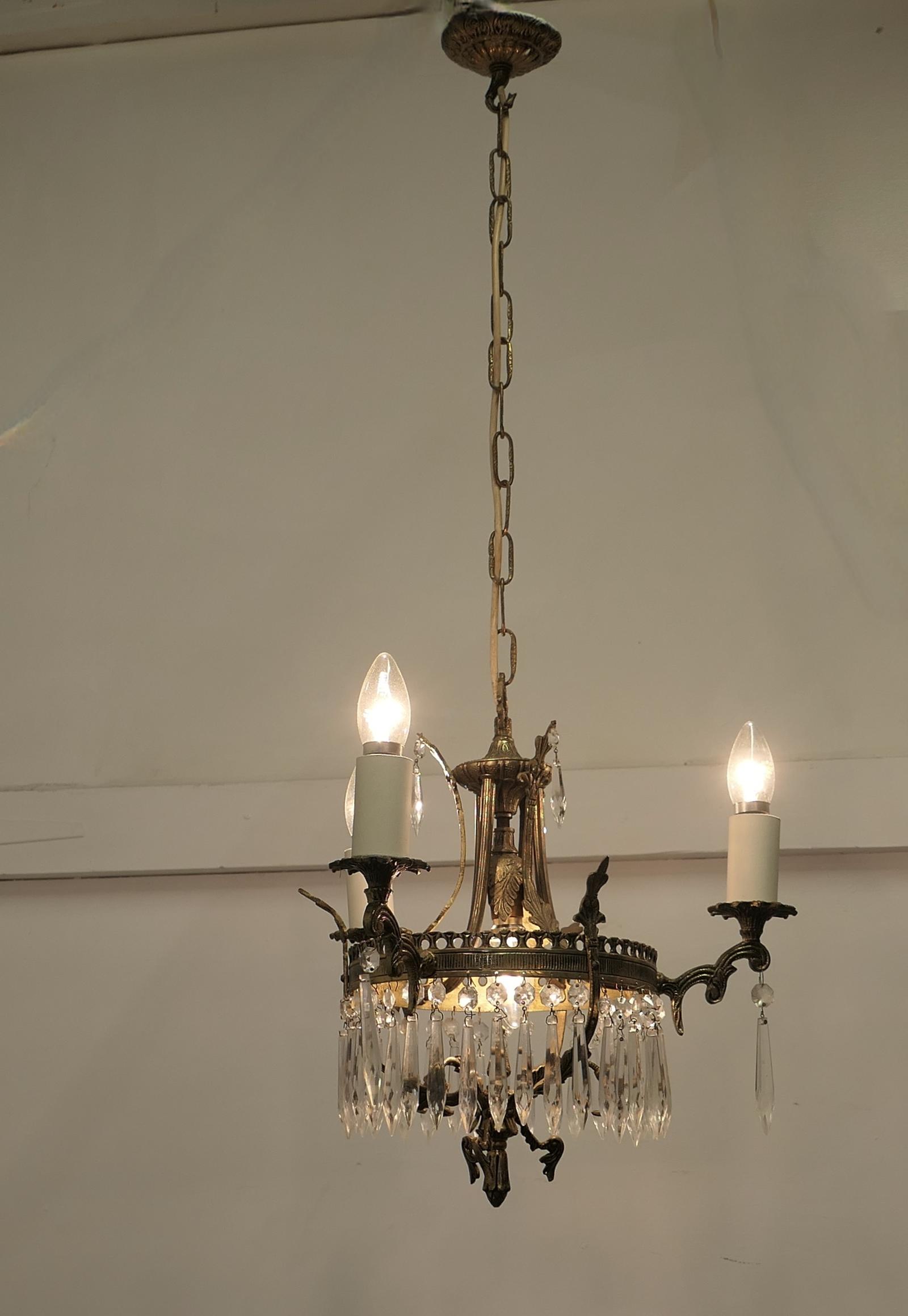 Stunning 3 Branch Brass & Crystal Chandelier (1 of 8)