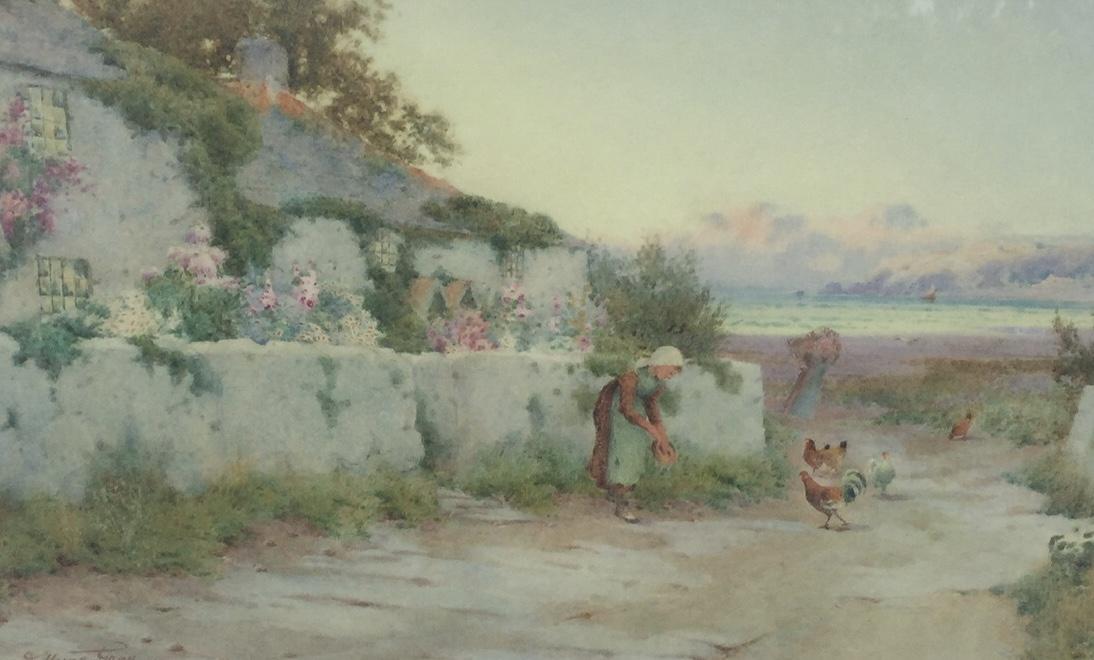 John Abernethy Lynas-Gray Watercolour - Feeding Hens Outside A Coastal Cottage’ (1 of 2)