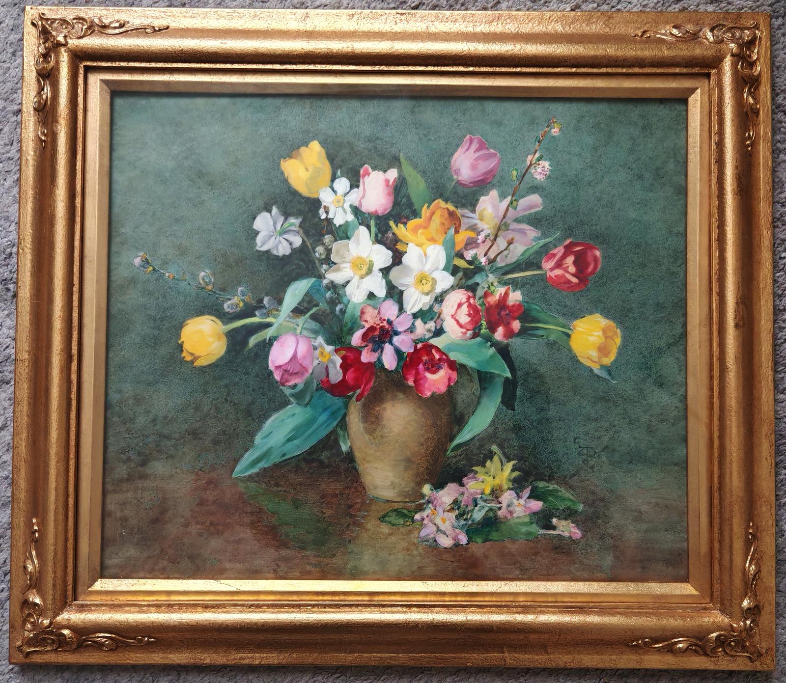 Antique Original Watercolour in Gold Leaf, Wooden Frame (1 of 9)