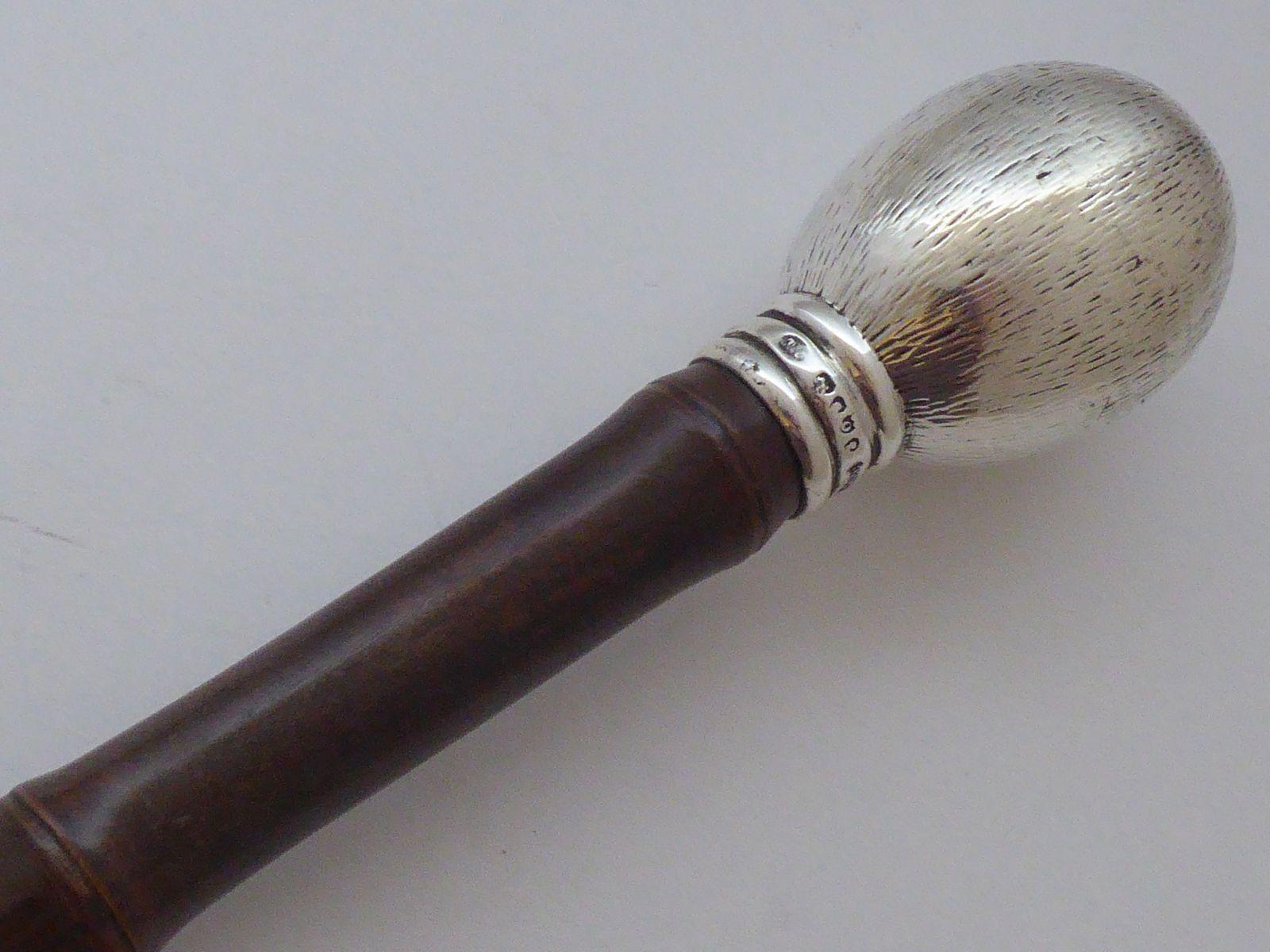 Victorian 1889 Walking Stick Cane Silver Pommel Bamboo Shaft Brigg of London (1 of 12)