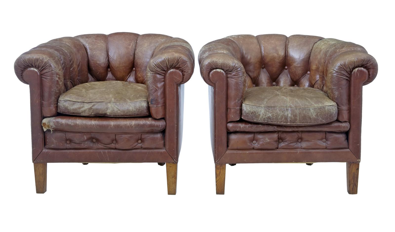 Pair of Early 20th Century Leather Lounge Armchairs (1 of 9)