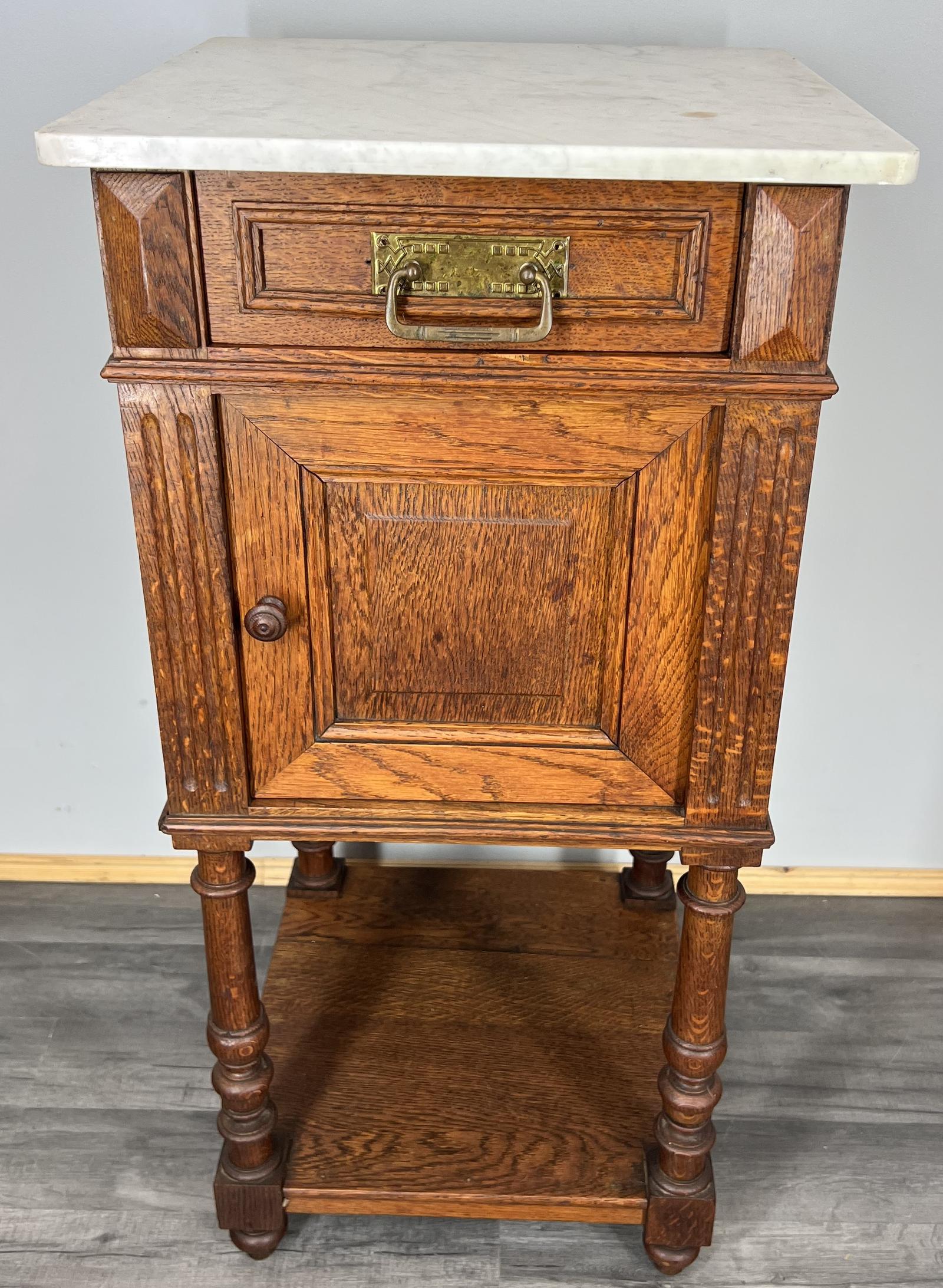 Bedside Table Antique French Marble Top Oak Cupboard Cabinet Nightstand LOT 3964 (1 of 11)